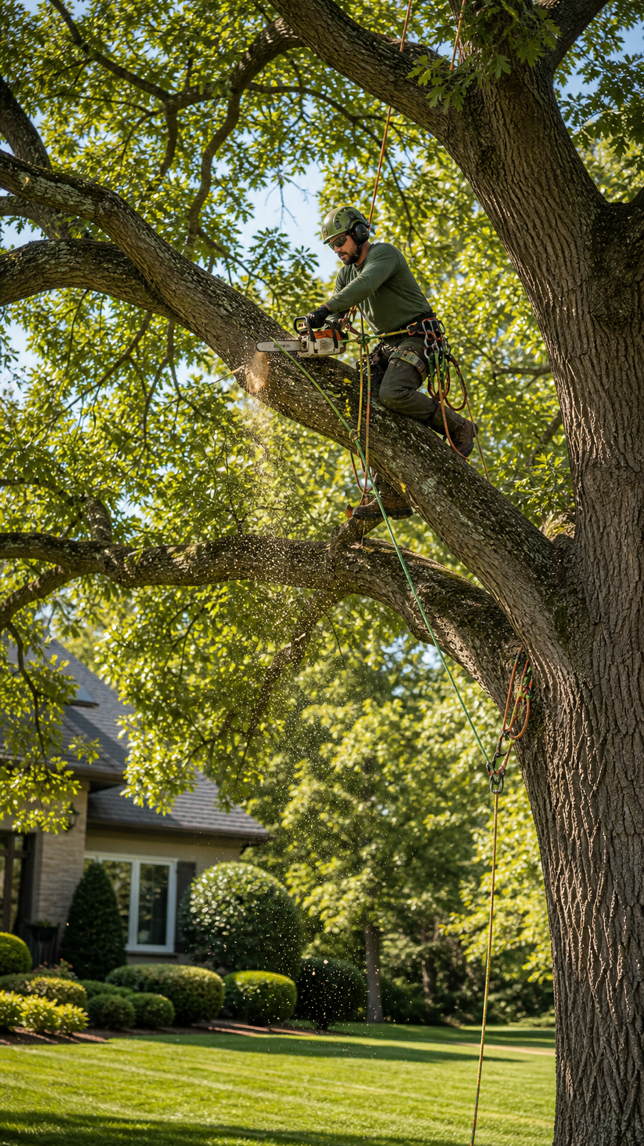 A man in safety gear using a chainsaw to cut a large tree branch while balancing on it. Bright daylight with green leaves and a suburban house in the background.