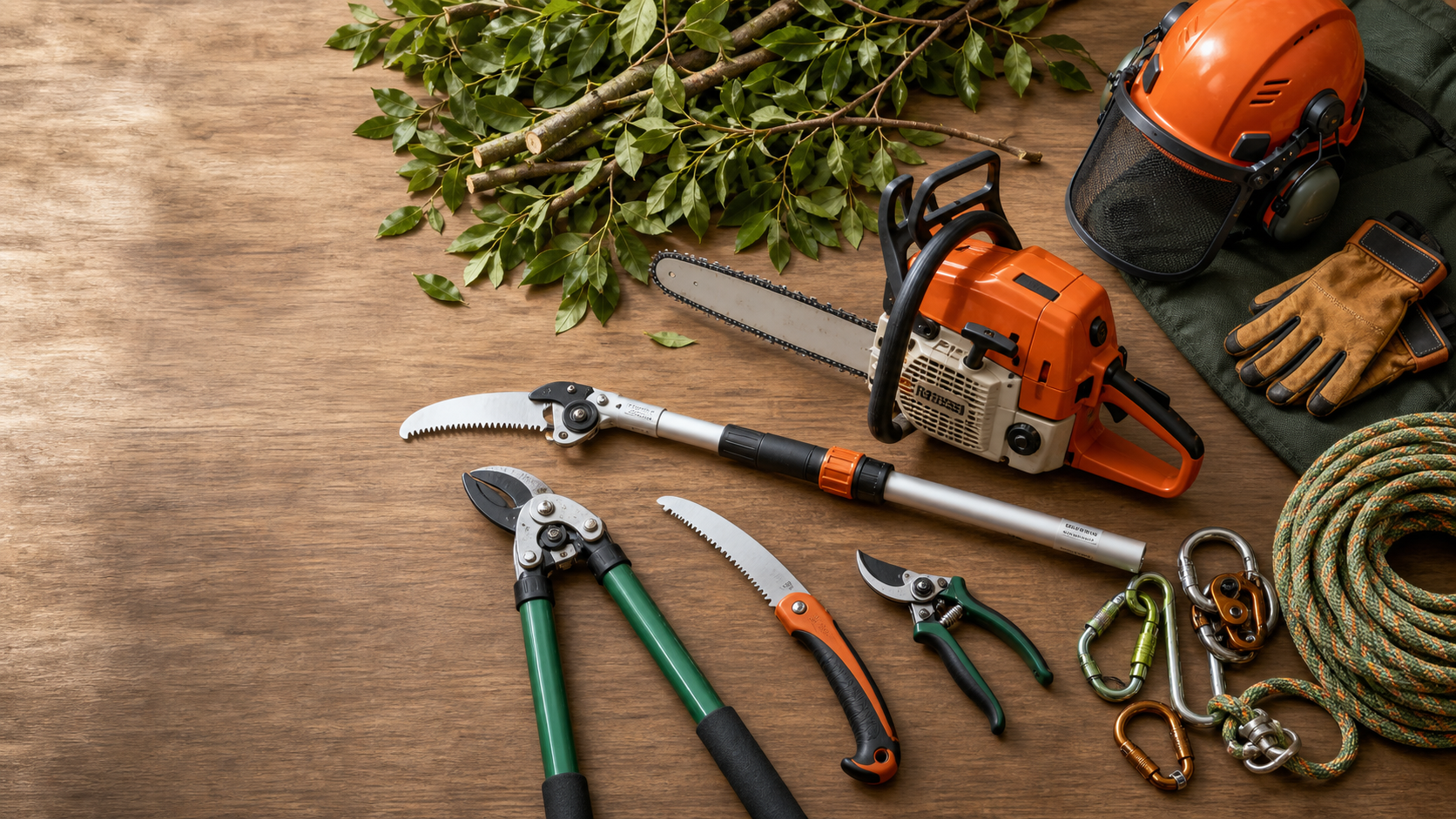 Arranged outdoor work tools including a chainsaw, pruning shears, pruning saw, hand pruners, safety helmet with face shield, work gloves, climbing rope, and carabiners on a wooden surface with green foliage.