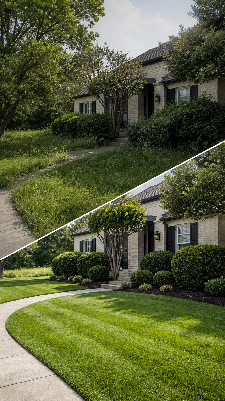 Comparison of a front yard before and after landscaping, showing overgrown grass and bushes in the top image and a well-maintained lawn with trimmed bushes and a clean walkway in the bottom image.