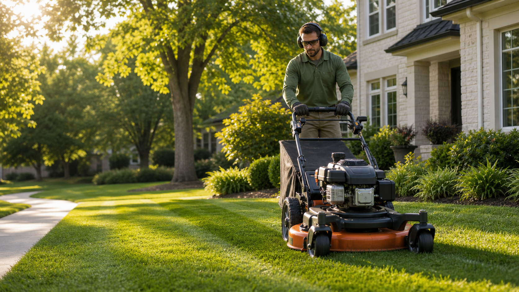 A man wearing protective headphones, sunglasses, a green shirt, and gloves is mowing a well-maintained lawn in front of a white house with large windows, surrounded by trees, bushes, and a sidewalk.