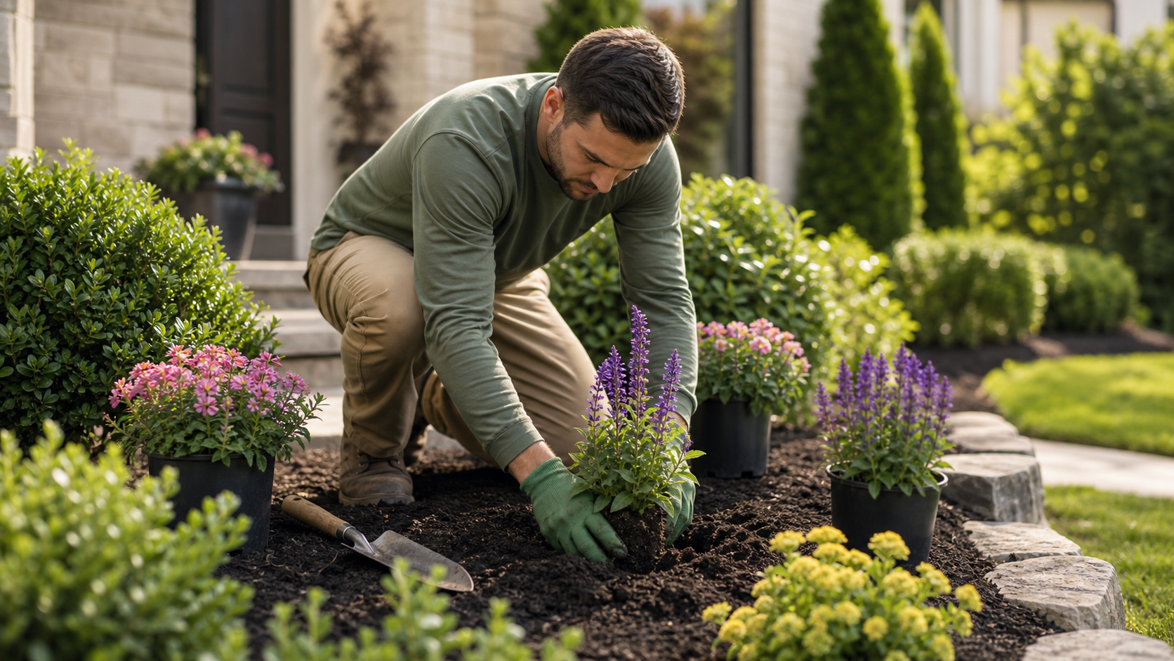A man planting a flower in a garden bed with potted plants, stone border, and a house in the background.