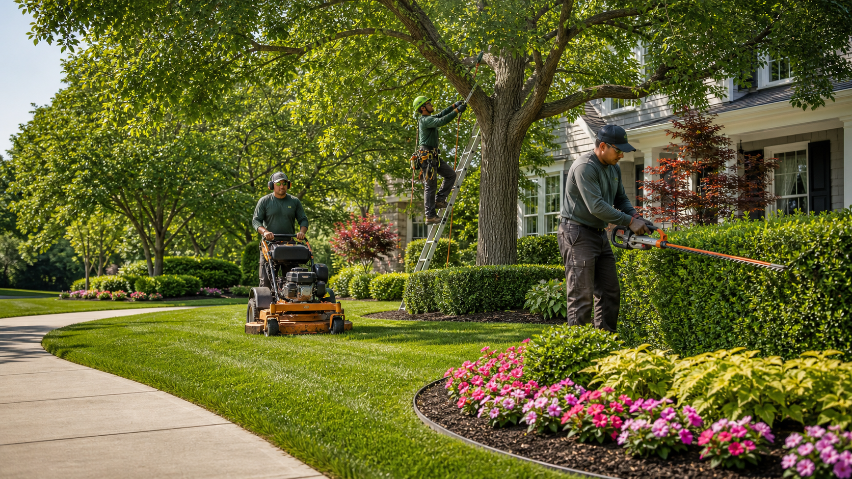 Three landscapers trimming hedges and mowing grass in front of a house with large windows and well-maintained gardens.