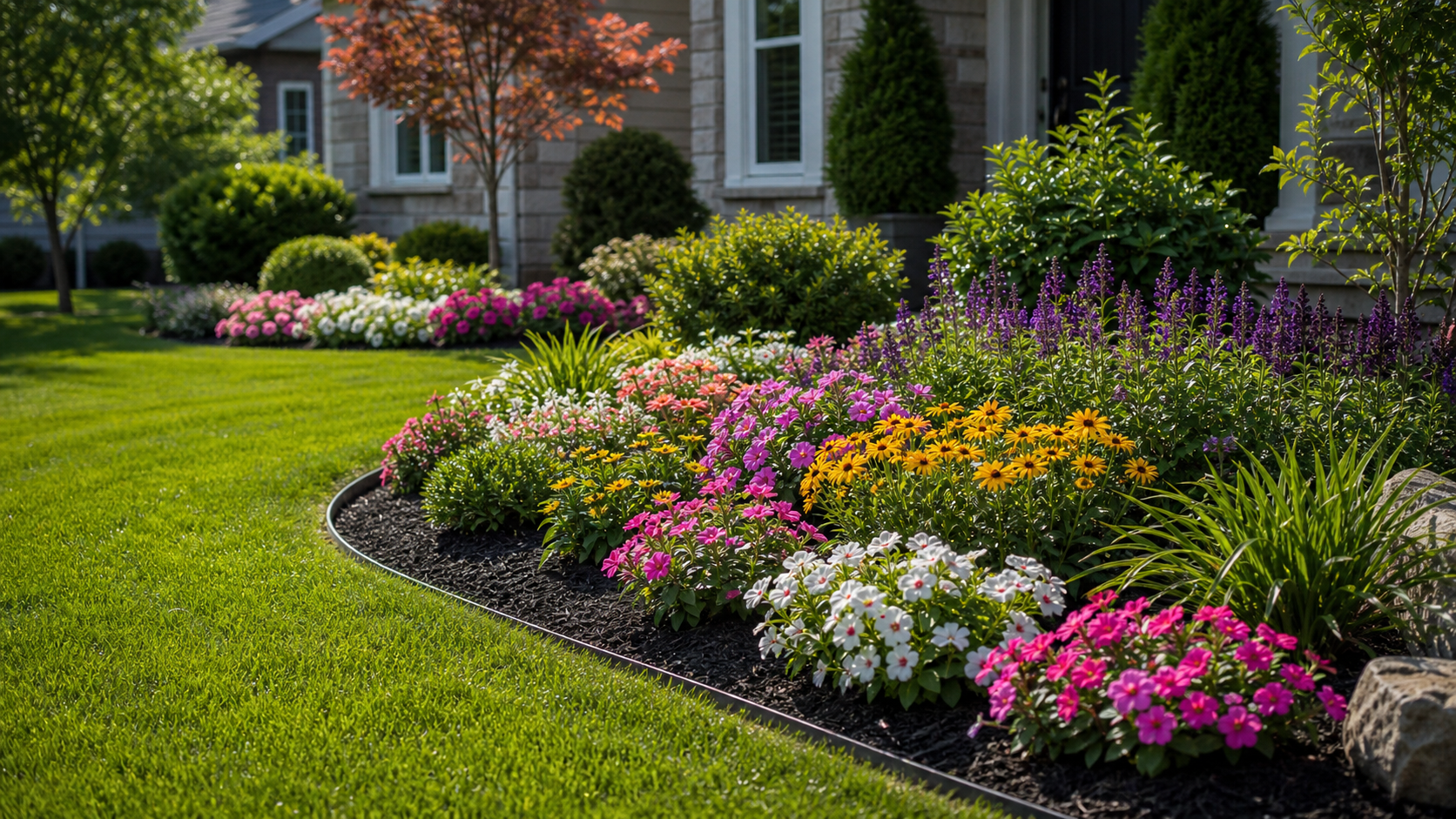Colorful flower bed with pink, white, yellow, purple, and orange flowers in front of a house with stone walls, windows, and surrounding lush green trees and grass.