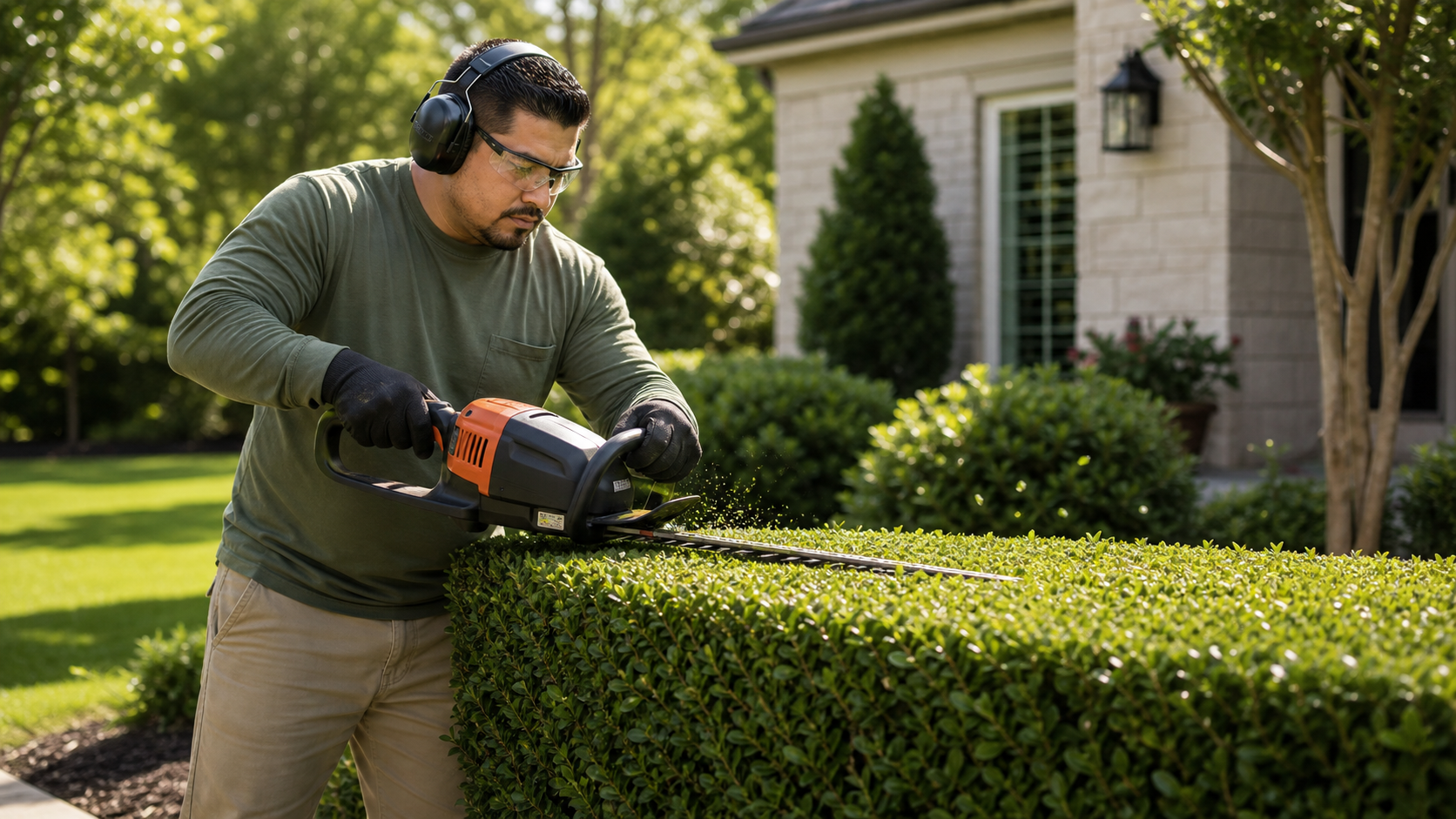 Man trimming a hedge with electric hedge trimmer outside a house on a sunny day.