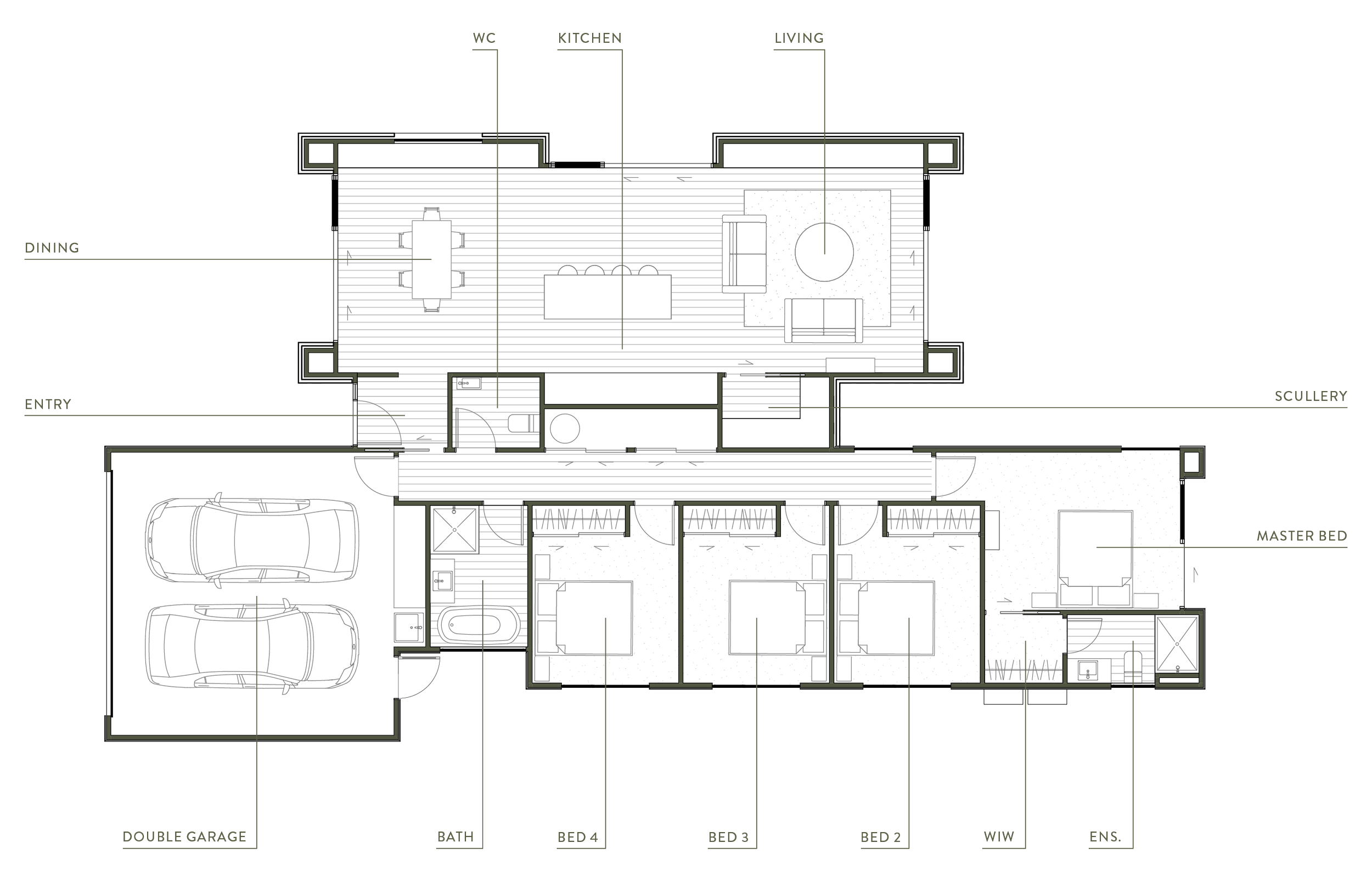 The floor plan of turn-key house design Kereru for Lot 47 at Maymorn Farm, a residential development in Wellington by Gillies Group