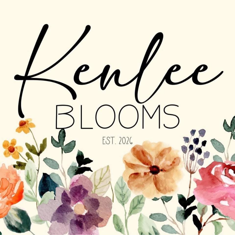 Floral watercolor design with colorful flowers surrounding the text 'Kenlee Blooms' and the establishment year 2026.