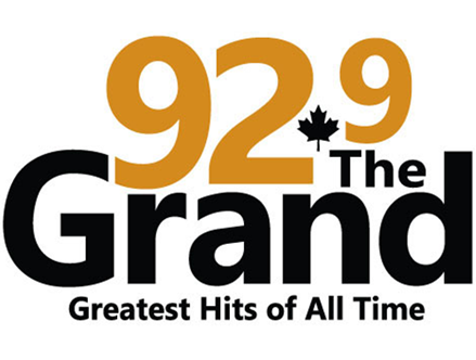 Logo for 92.9 The Grand, a radio station, with the tagline 'Greatest Hits of All Time'