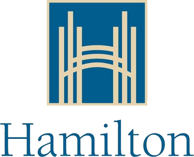 Logo of the Hamilton brand, featuring vertical blue and white lines forming an arch and vertical bars.