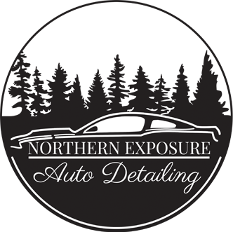 Logo for Northern Exposure Auto Detailing featuring a stylized car silhouette, trees, and birds with text.