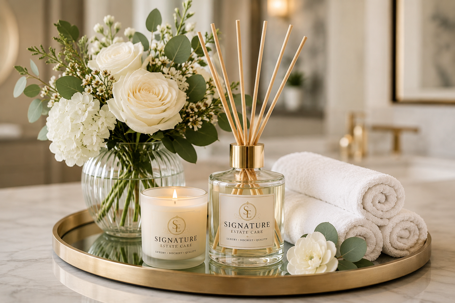 A tray with a lit candle, a vase of white flowers, a reed diffuser, and two rolled white towels on a marble surface.