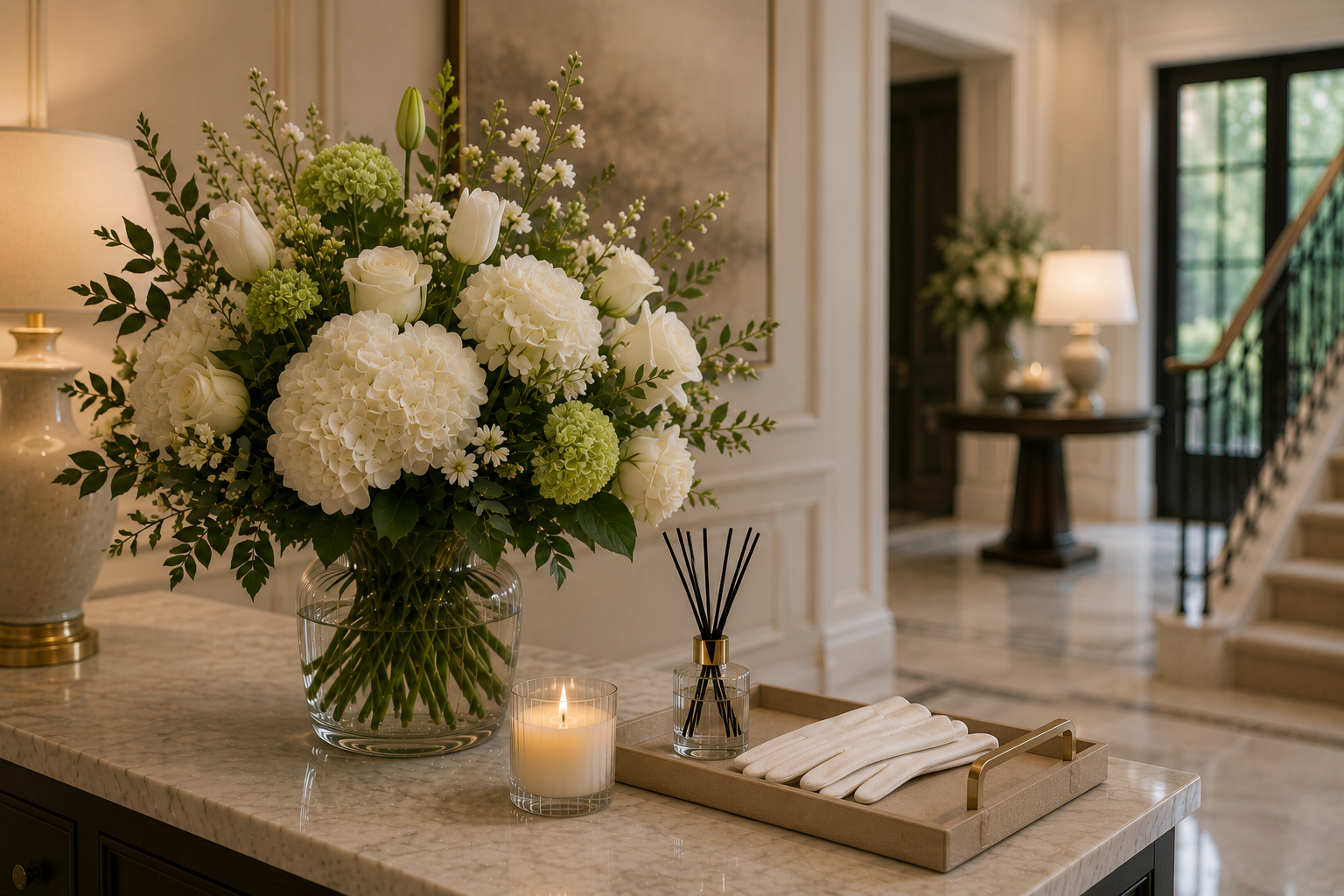 Elegant interior with a large floral arrangement of white roses and hydrangeas on a marble countertop, accompanied by a lit candle, diffuser, and white gloves in a tray, with lamps and a staircase in the background.