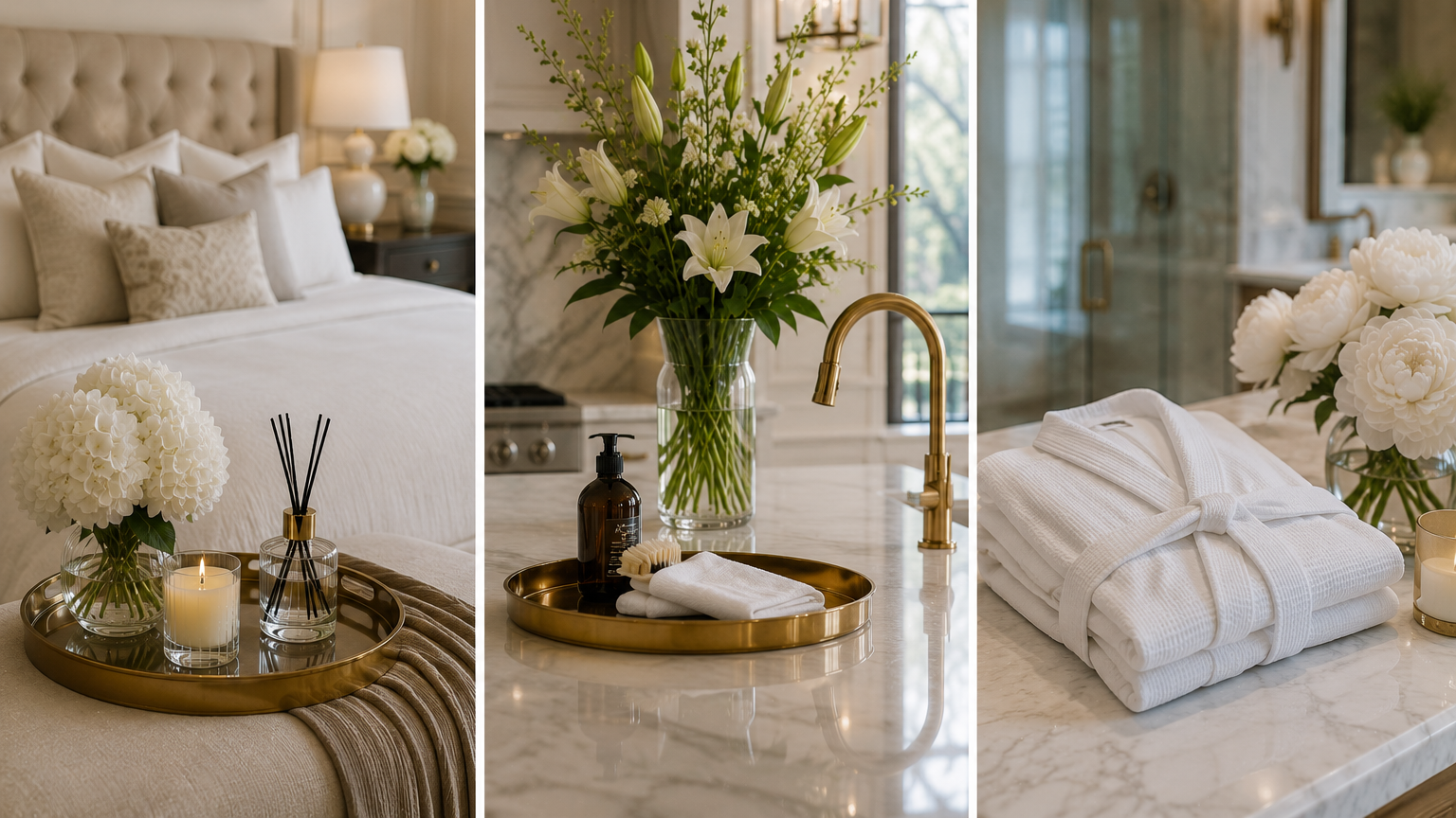 Collage of three images: a bedroom with a neatly made bed and flowers, a kitchen countertop with flowers, soap, and towels, and a bathroom with folded towels and flowers.
