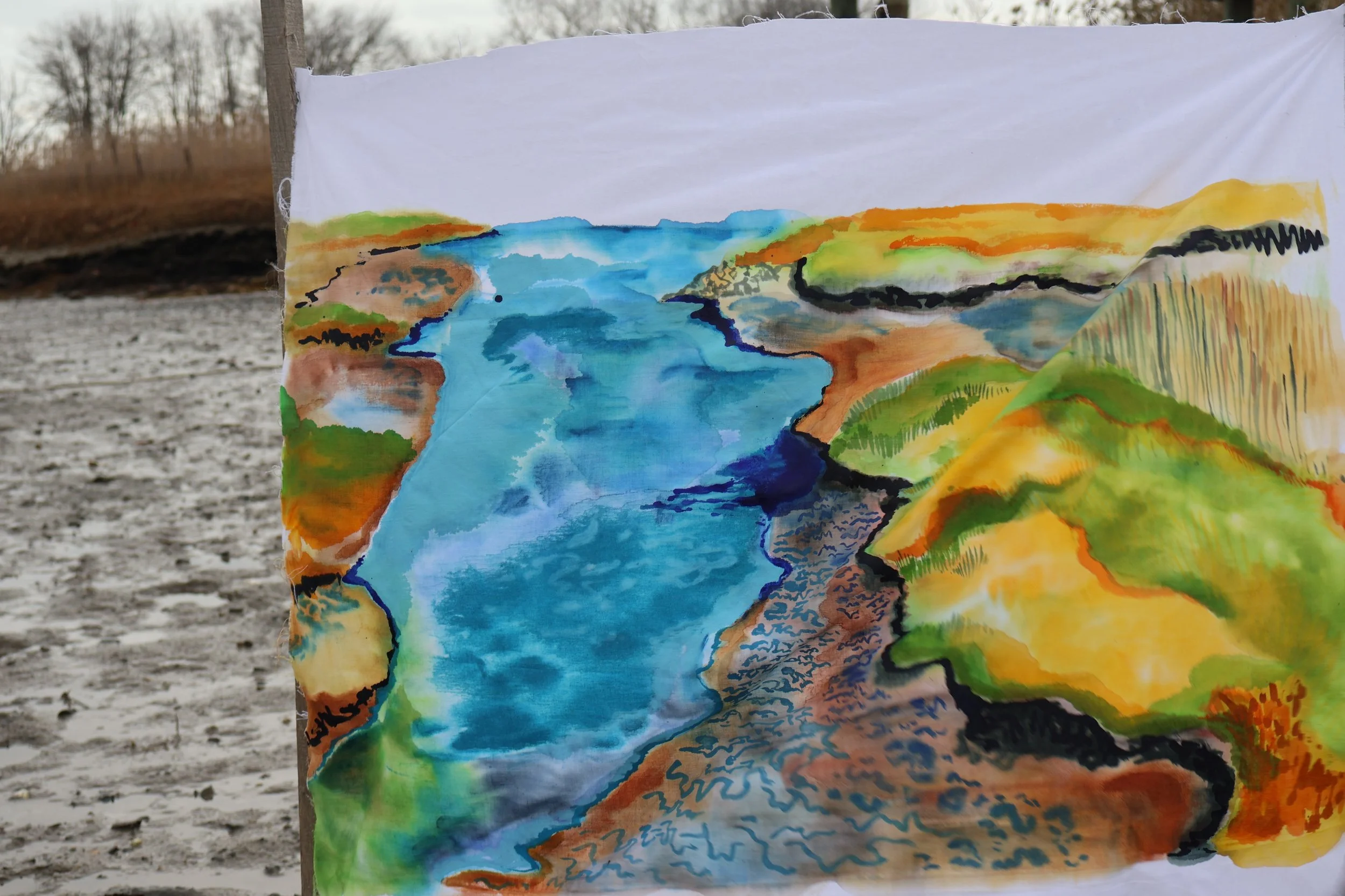 Kennebunk River, Tidal Shift, 2025
watercolor, acrylic, and river water on cotton  33.5 x 27 inches. 