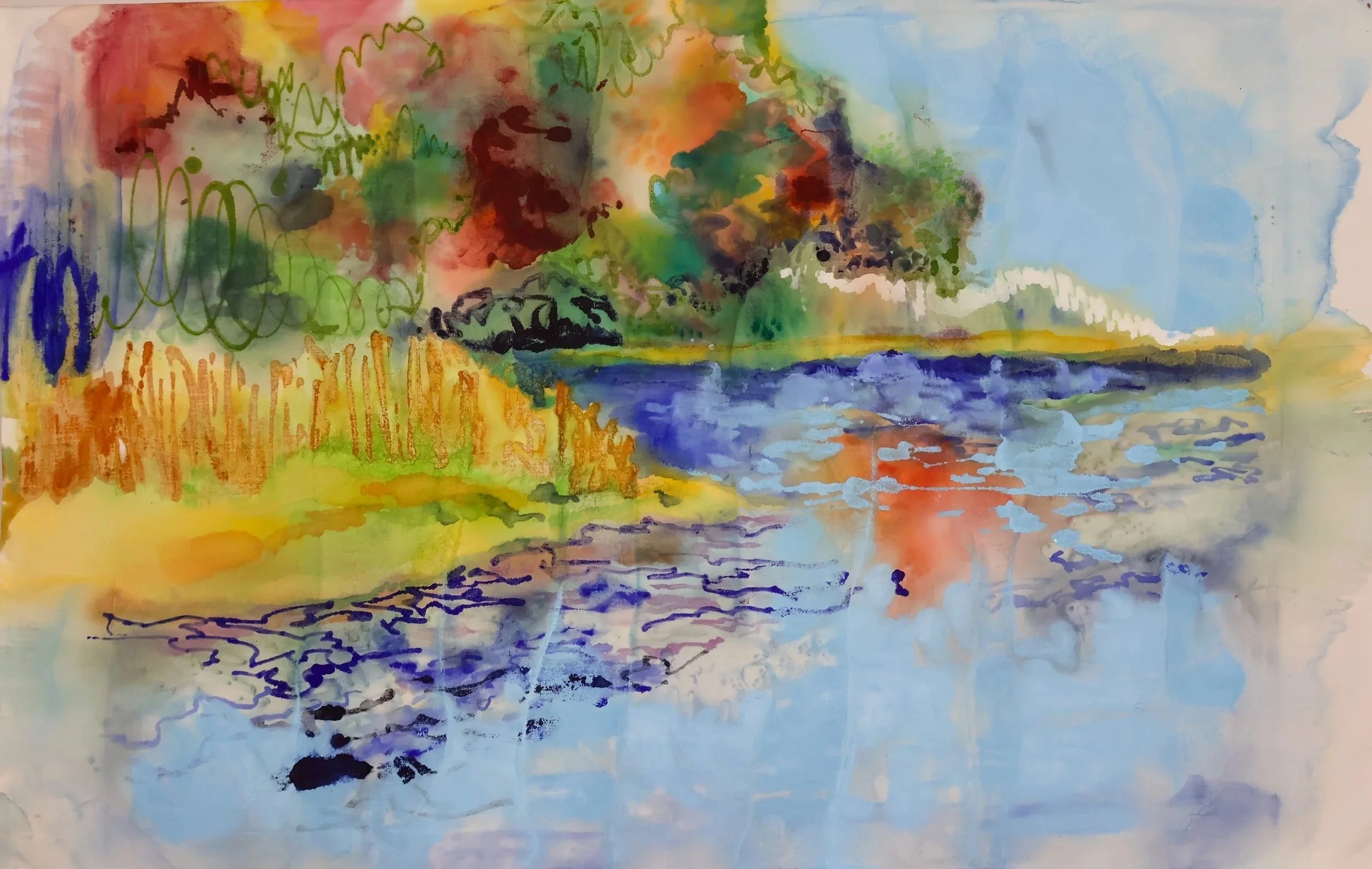 Kennebunk River, Tangled September, 2025
Watercolor, acrylic, rain and river water on cotton.
23 x 36 inches