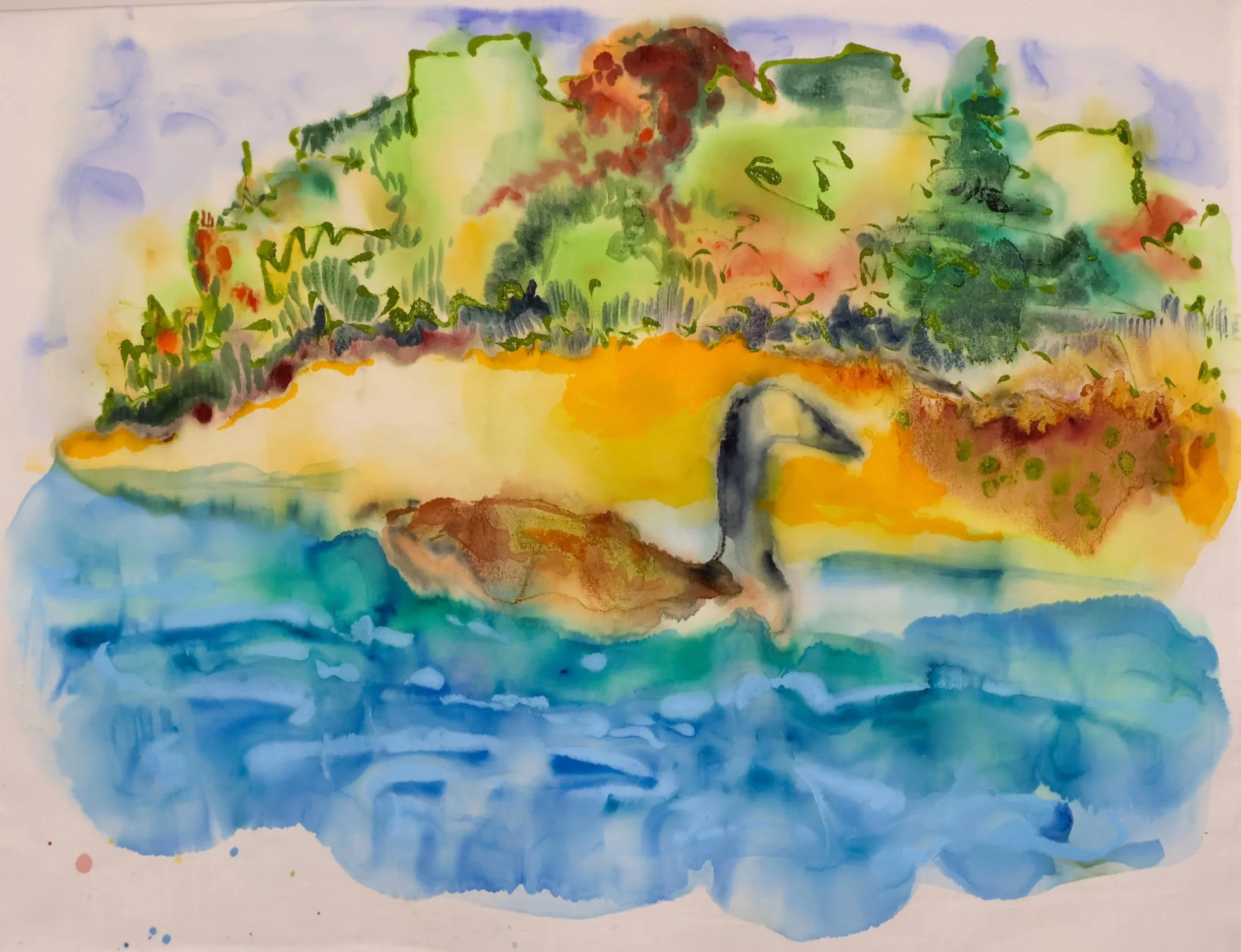 Kennebunk River, Lingering, 2025
Watercolor, acrylic, rain and river water on cotton.
25 x 32 inches