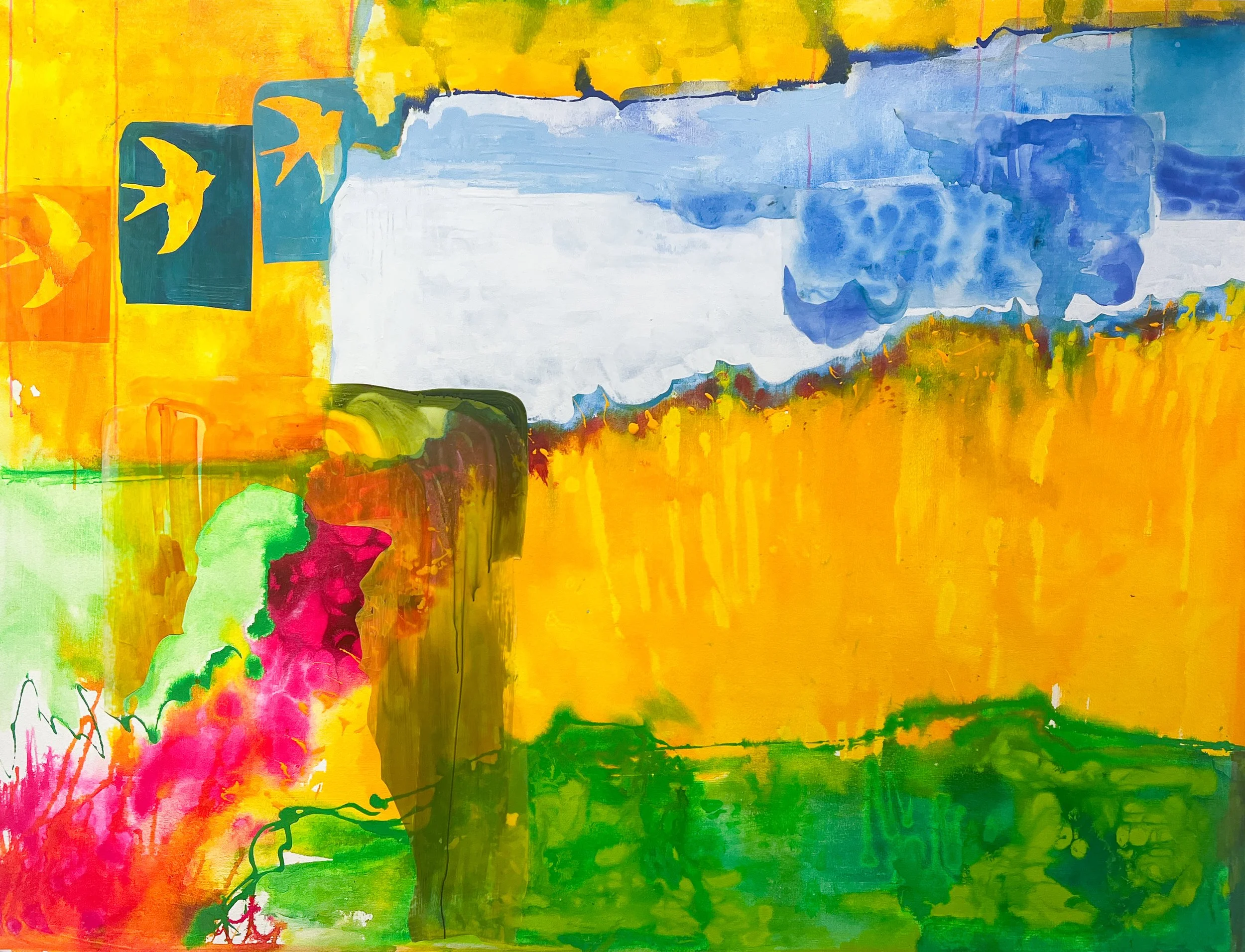 golden hour on the marsh, 2025
Acrylic, Silk, Dura-lar on canvas.