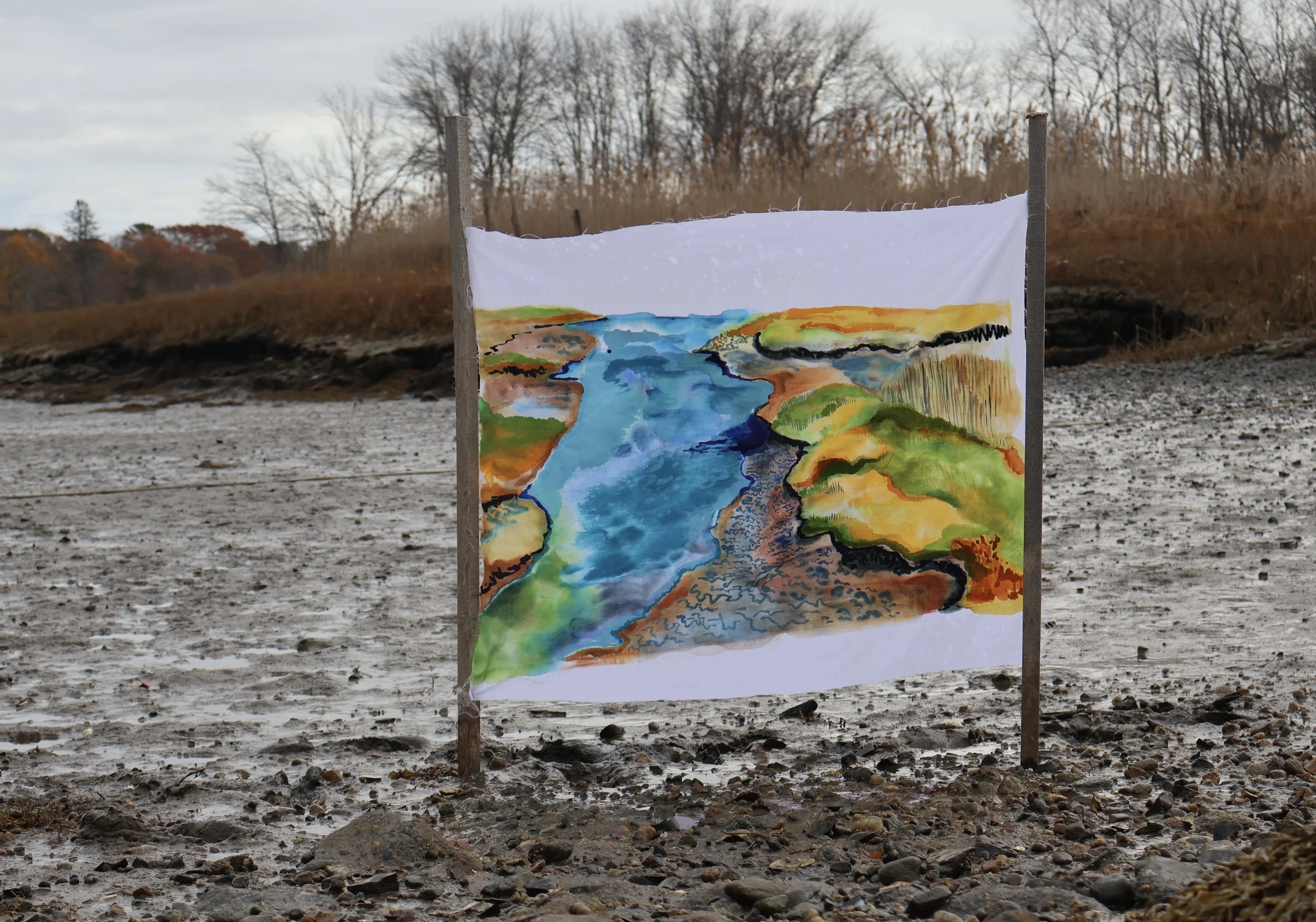 Kennebunk River, Tidal Shift, 2025
watercolor, acrylic, and river water on cotton  33.5 x 27 inches. 

