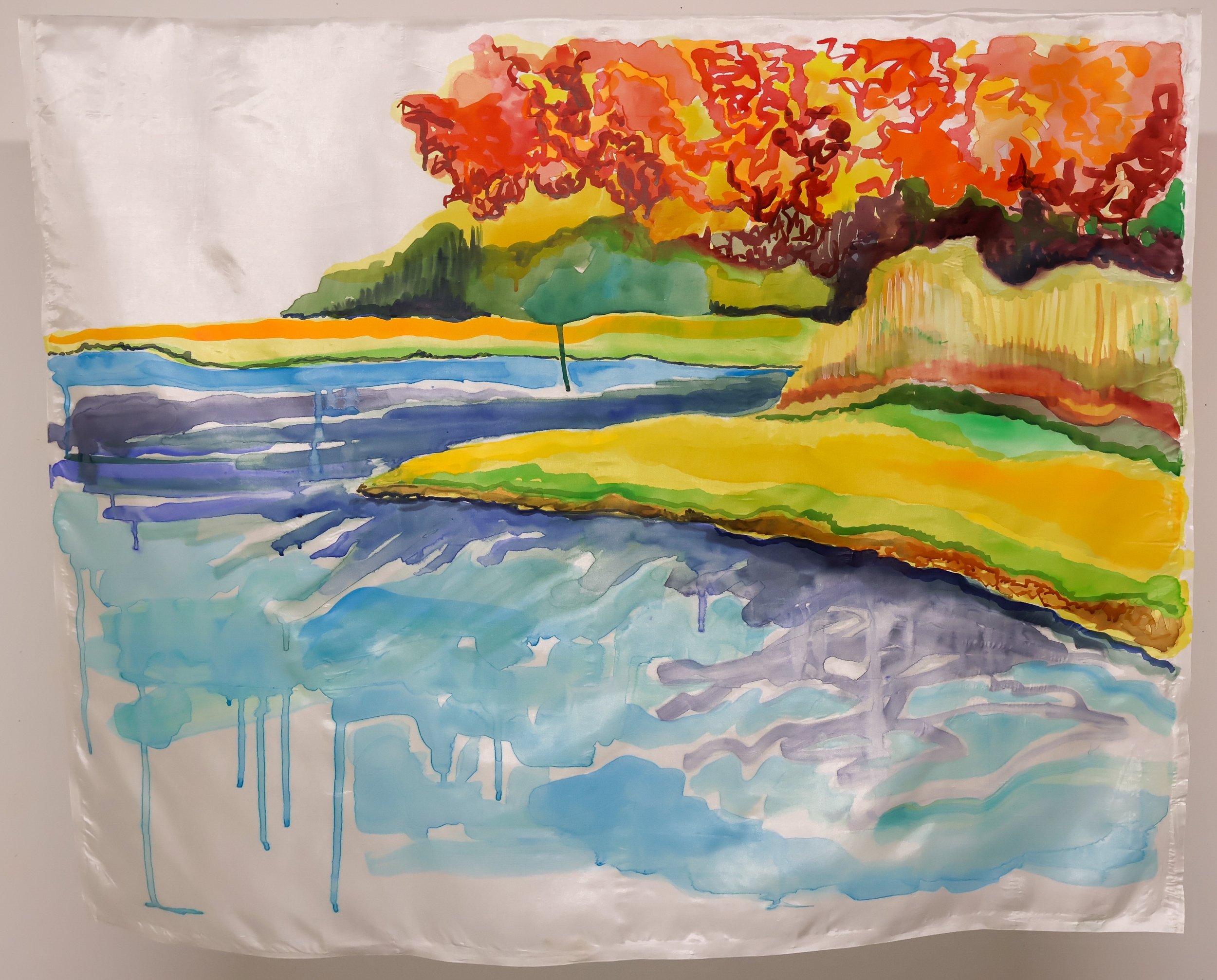 Kennebunk River, October Light, 2025
Acrylic and river water on silk.
32.5 x 40 inches