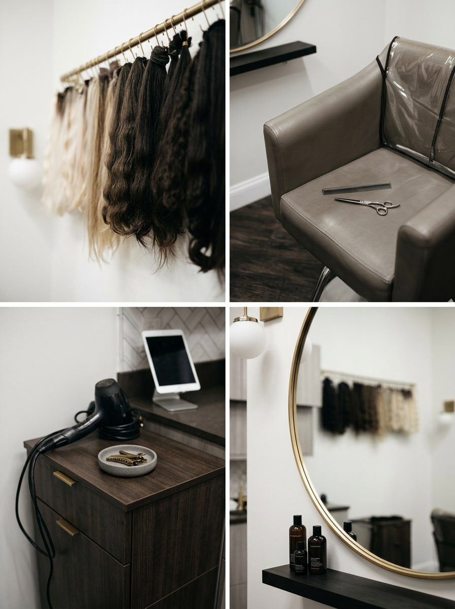 Collecting hair extensions or wigs, a salon chair with scissors and a comb, a tablet and hair tools on a wooden dresser, and hair care products and mirror in a salon.