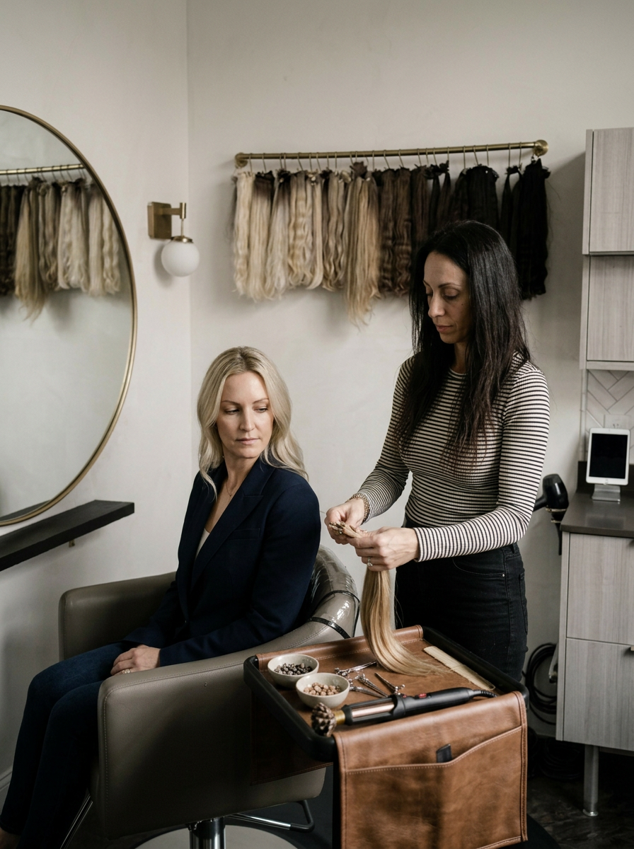 Maria is holding a hair extension in front of a seated blonde woman at a hair salon. Hair color swatches hang on the wall behind them, with a mirror reflecting some grooming tools.