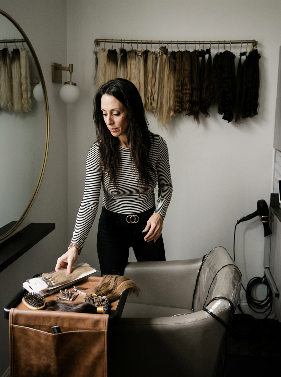 A woman with long dark hair wearing a striped shirt and black pants stands in a salon or wig studio. She is looking down at a tray of wig accessories and hairpieces, with wig samples hanging on the wall behind her.