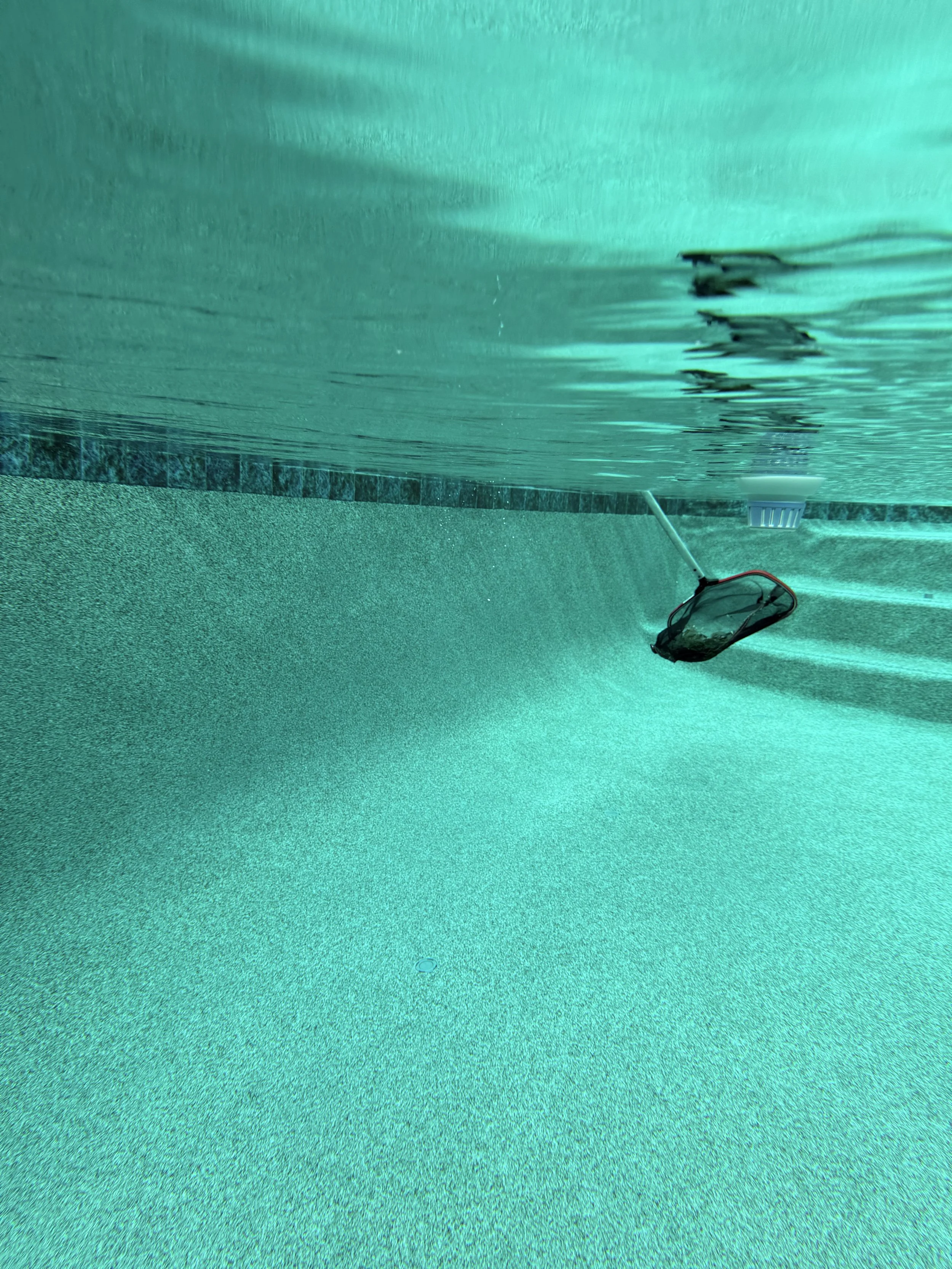 Underwater view of a swimming pool with cleaning tools submerged in the water.