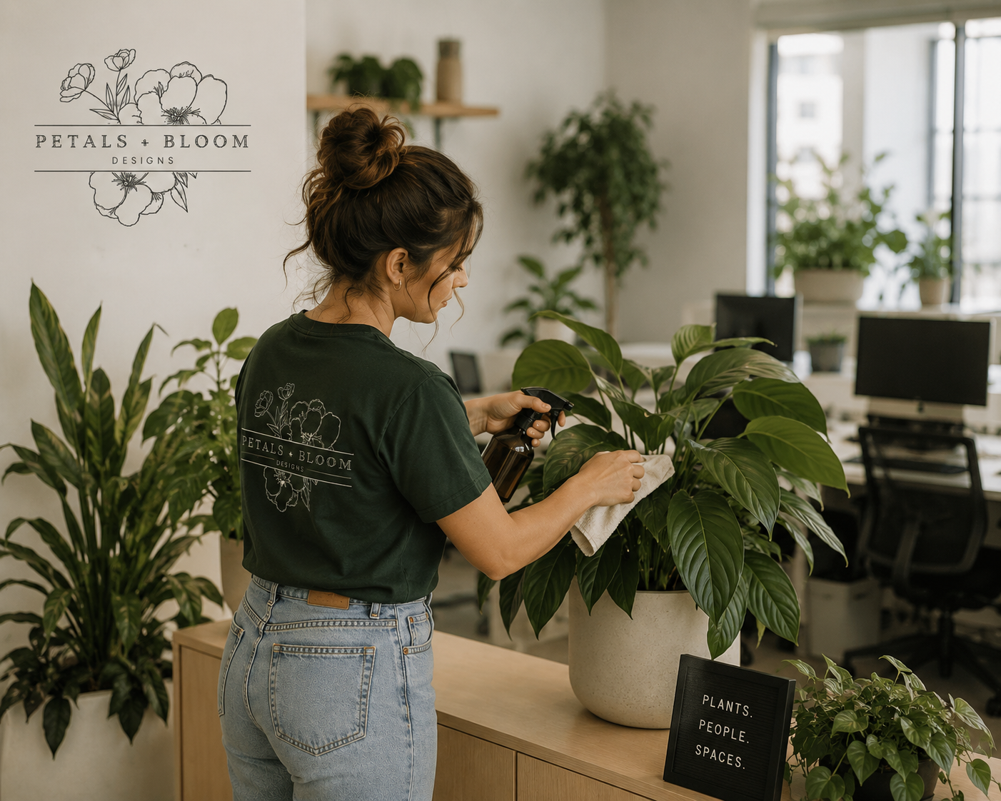Petals + Bloom employee caring for planting in an office setting in Northern Colorado.