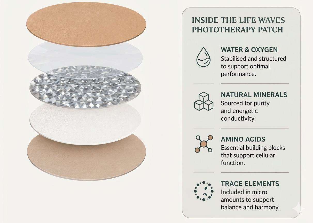 Diagram of the layers in the Inside the Life Waves Phototherapy Patch, showing six layers labeled from top to bottom: a beige backing, a clear protective film, a silver textured layer, a white layer, a beige bottom layer. The accompanying text explains that the patch contains water and oxygen, natural minerals, amino acids, and trace elements, each supporting different aspects of cellular health.
