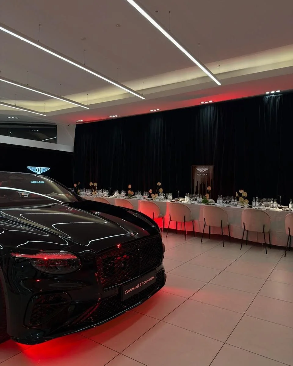 A sleek setup for an evening at Bentley Adelaide.

We brought in the black draping and lighting to give the showroom a completely different feel for this intimate dinner.

Zac was on the buttons for the night ✨