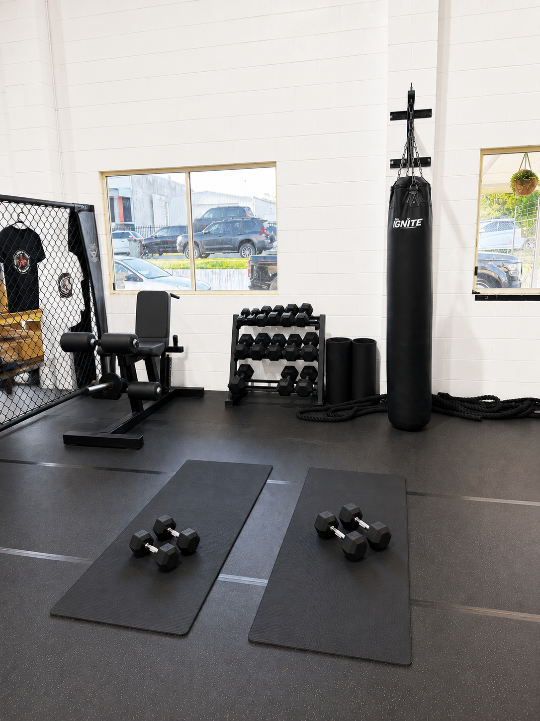 functional strength and conditioning equiptment at Ignite Martial Arts Academy on the Sunshine Coast Caloundra including power racks, cable machines, and free weights and dumbells for athletic development and fitness. gym only memberships available