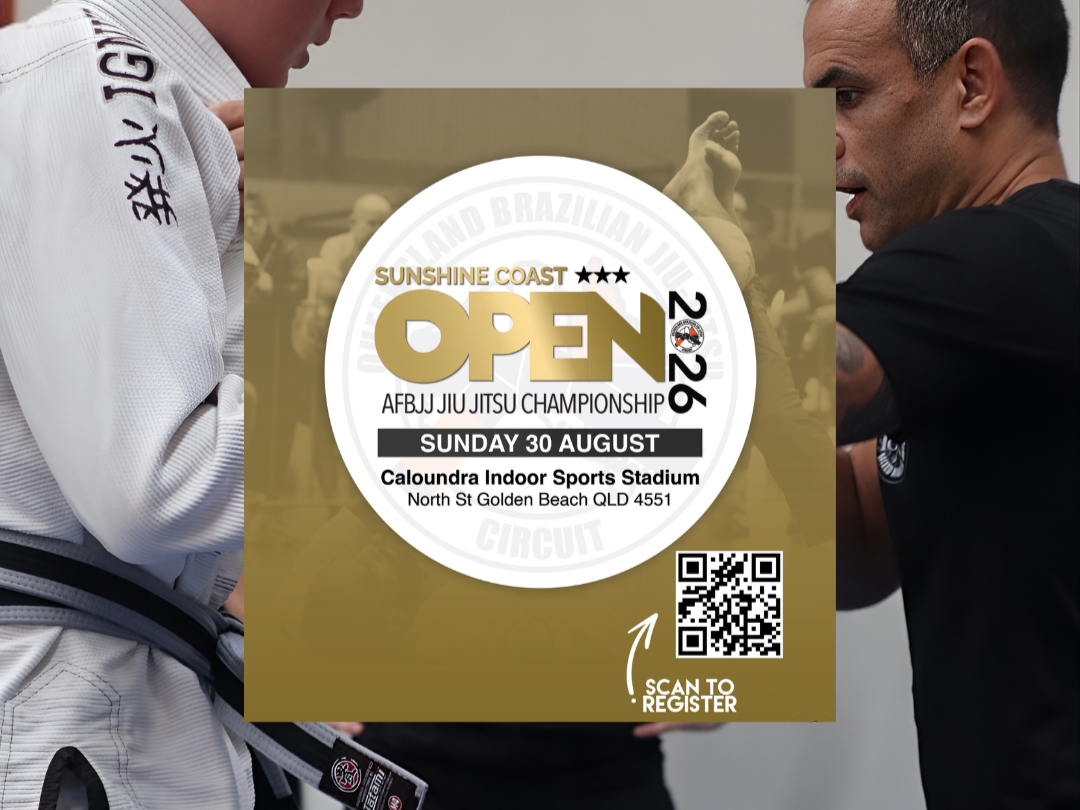 Event poster for the Sunshine Coast Open 2022 AJJ Jiu Jitsu Championship held on Sunday, August 30th at Caloundra Indoor Sports Stadium, North Street, Golden Beach, Queensland. The poster includes a QR code for registration.