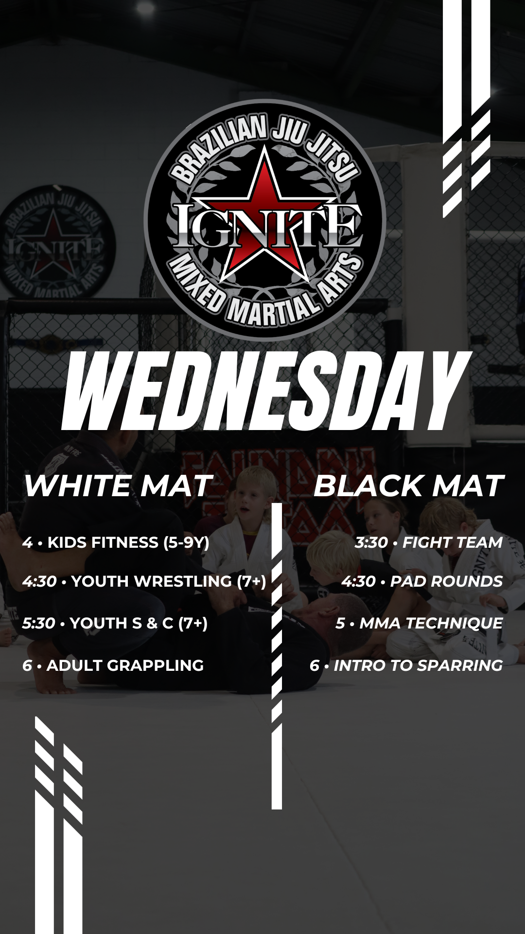 Schedule for Brazilian Jiu Jitsu mixed martial arts class on Wednesday, showing different training activities and timings for white and black belts, over a photo of kids and adults in a martial arts gym.