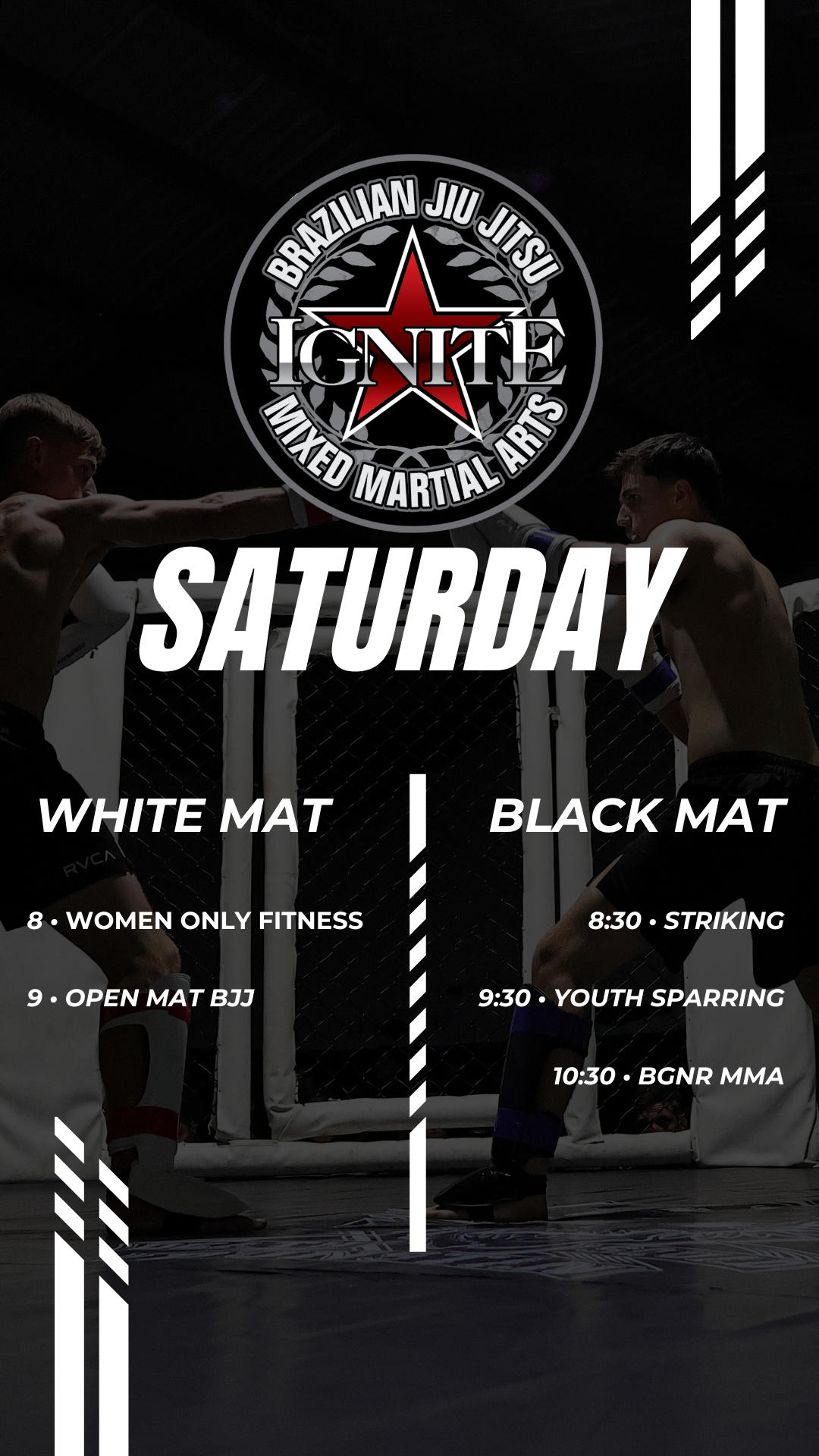 Schedule poster for Brazilian Jiu Jitsu class on Saturday with time slots and activity descriptions, featuring athletes in a fighting stance inside a gym.