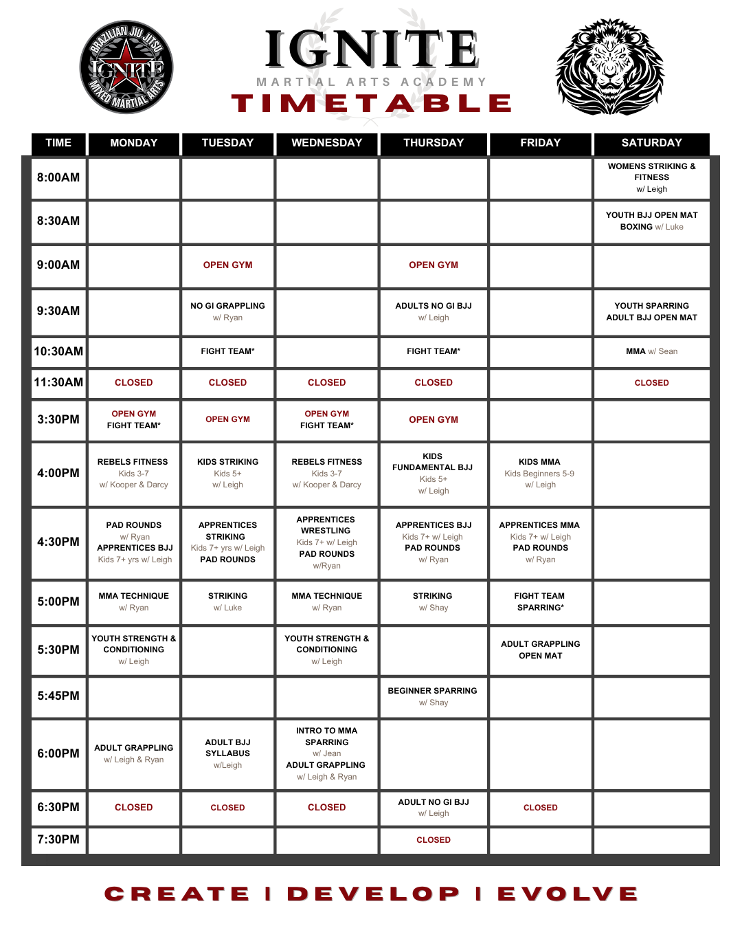 Martial arts gym timetable with class schedule from Monday to Saturday, including activities like Brazilian Jiu Jitsu, boxing, MMA, and fitness classes, along with open gym hours and closures.