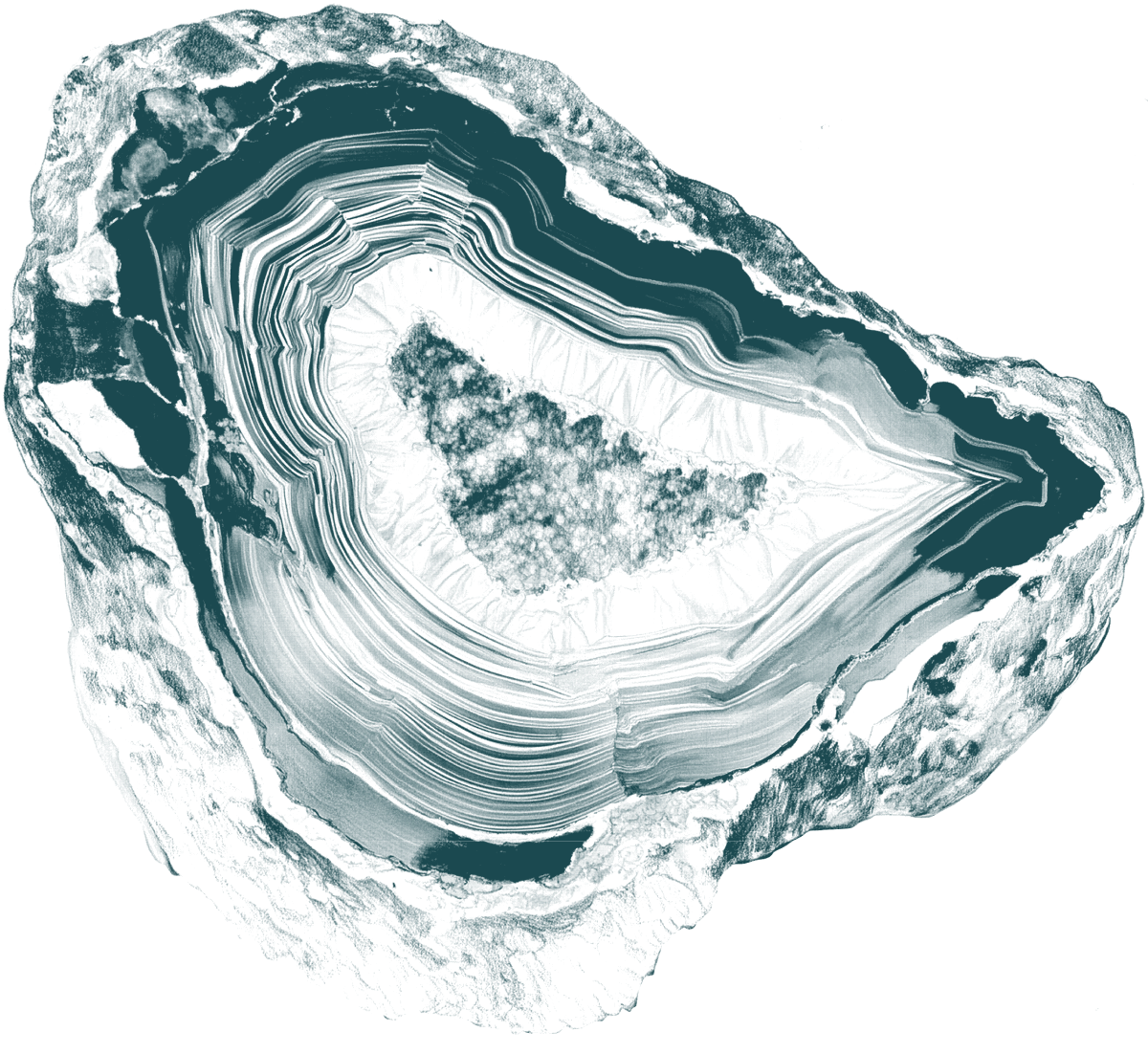 An illustrated drawing of a crystal geode with lots of striations that look like a topographical map