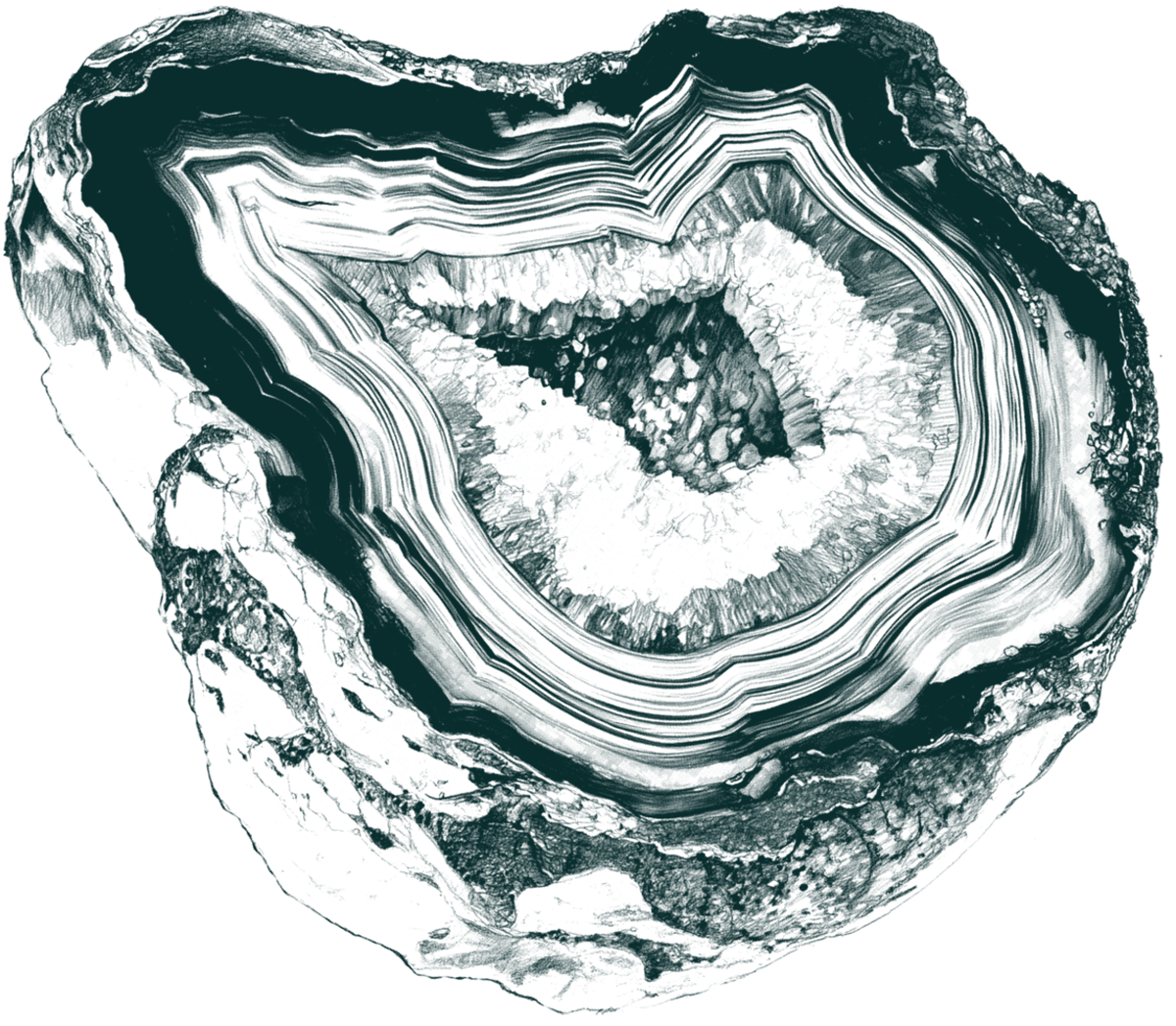 An illustrated drawing of a crystal geode with lots of striations that look like a topographical map