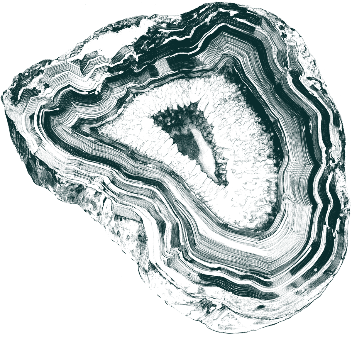 An illustrated drawing of a crystal geode with lots of striations that look like a topographical map