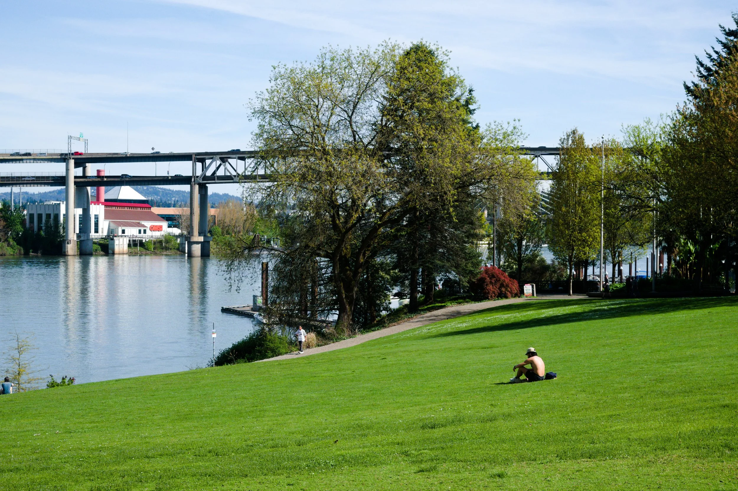 A park with lush green grass and trees along a river, with people sitting and walking. A bridge and buildings are visible in the background.