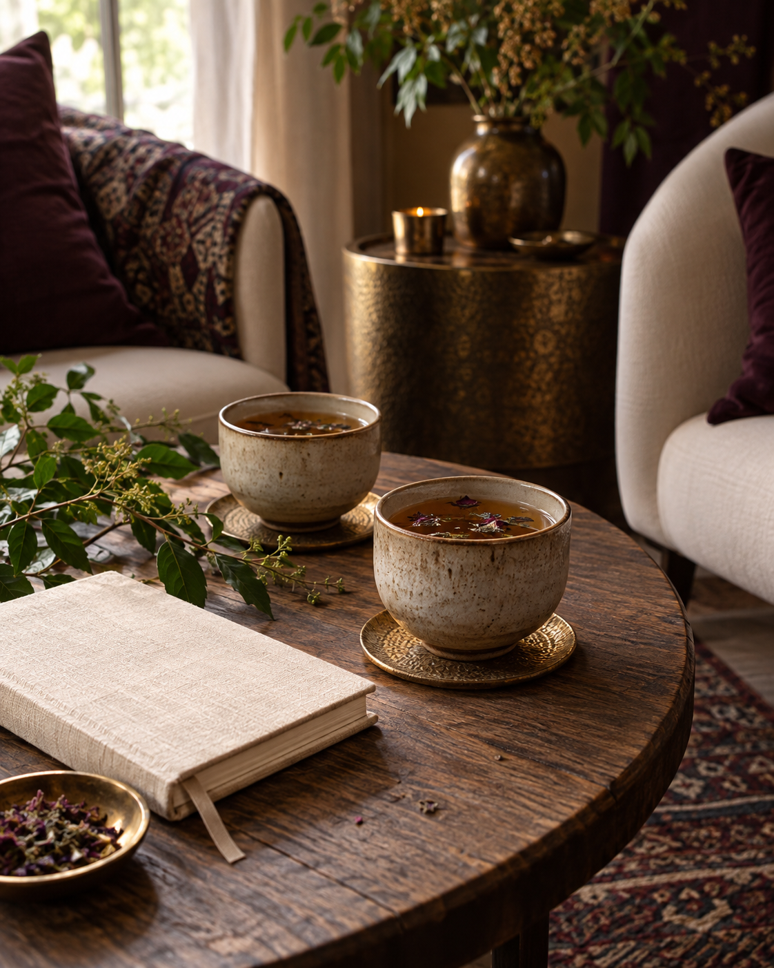 Two cups of herbal tea and a journal in a warm, welcoming consultation space.