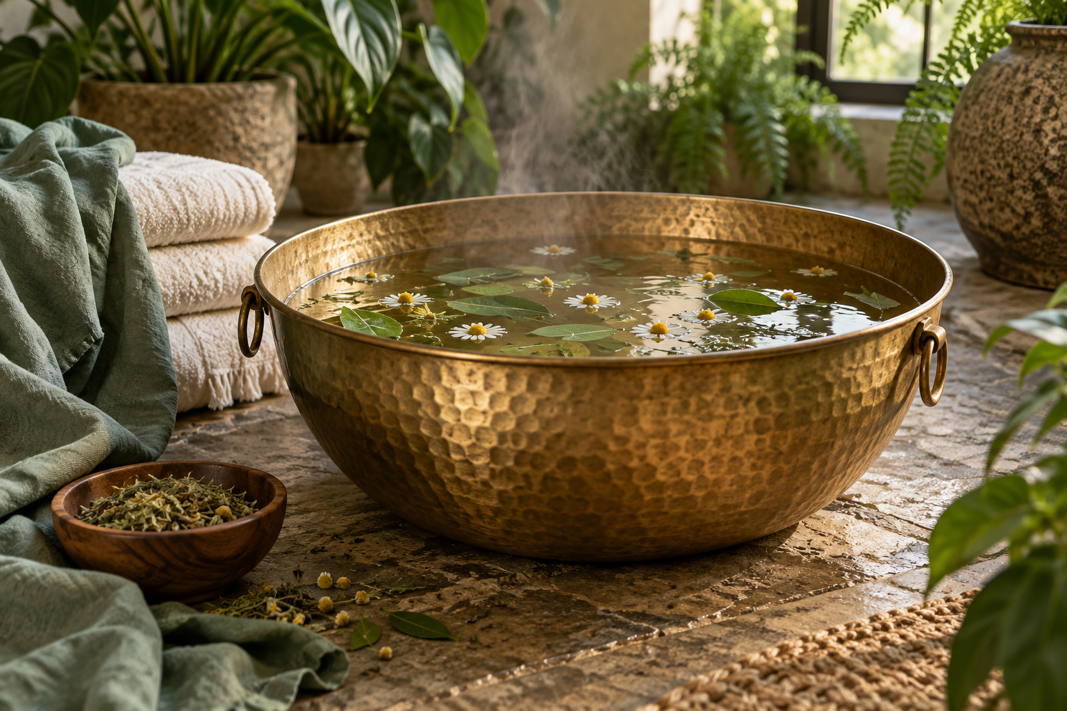 A brass herbal foot bath with chamomile and botanical leaves, beside ivory towels and sage green linen.