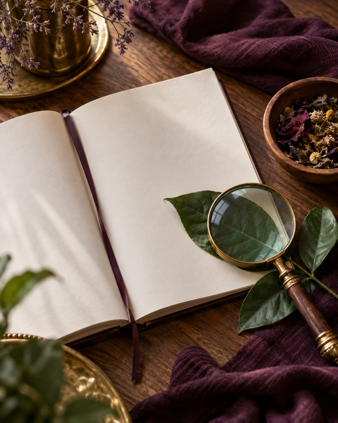 An open wellness journal, botanical leaves, and a brass magnifying glass on a wooden table.