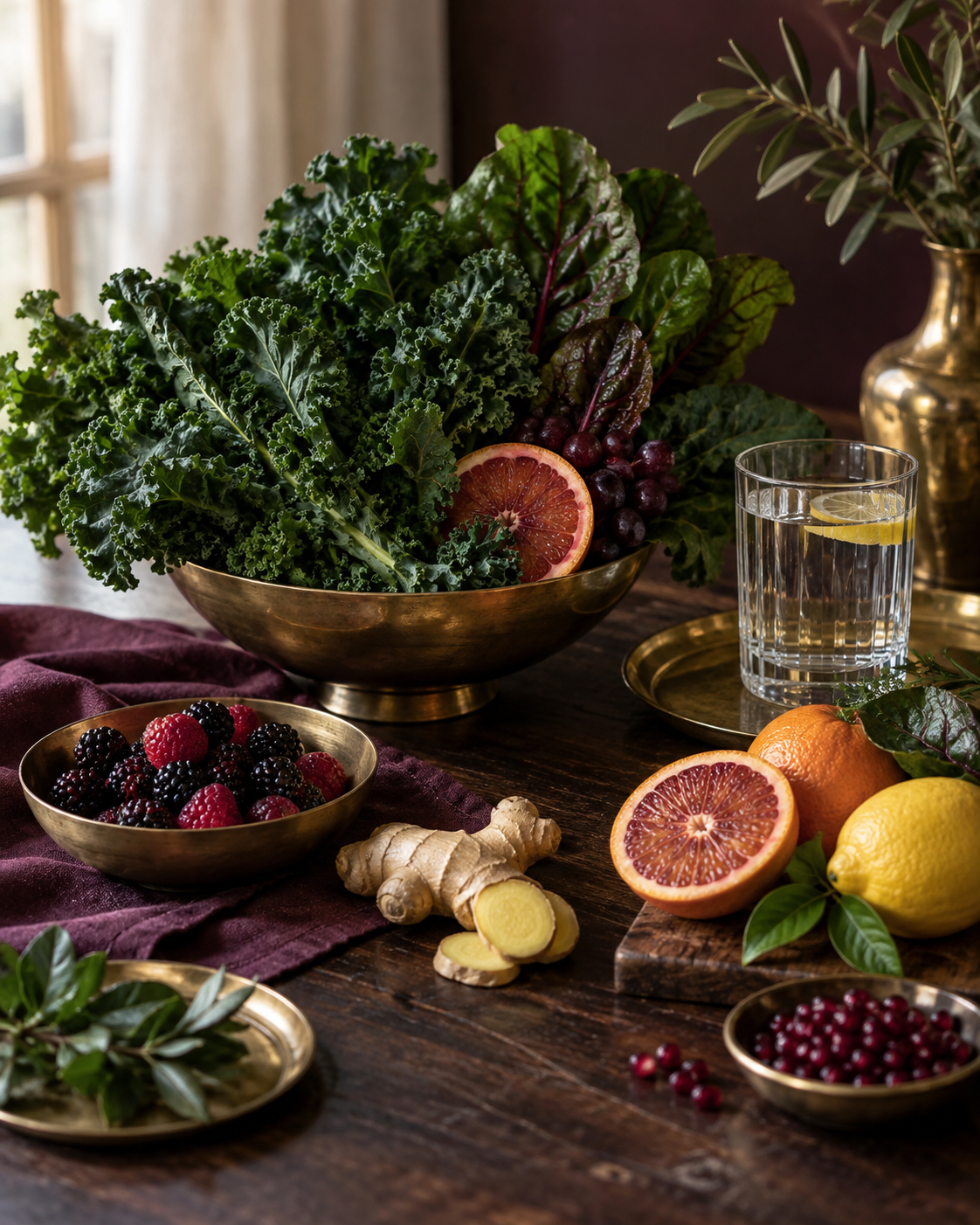 Fresh greens, berries, citrus, ginger, and water arranged with plum linen and a brass tray.