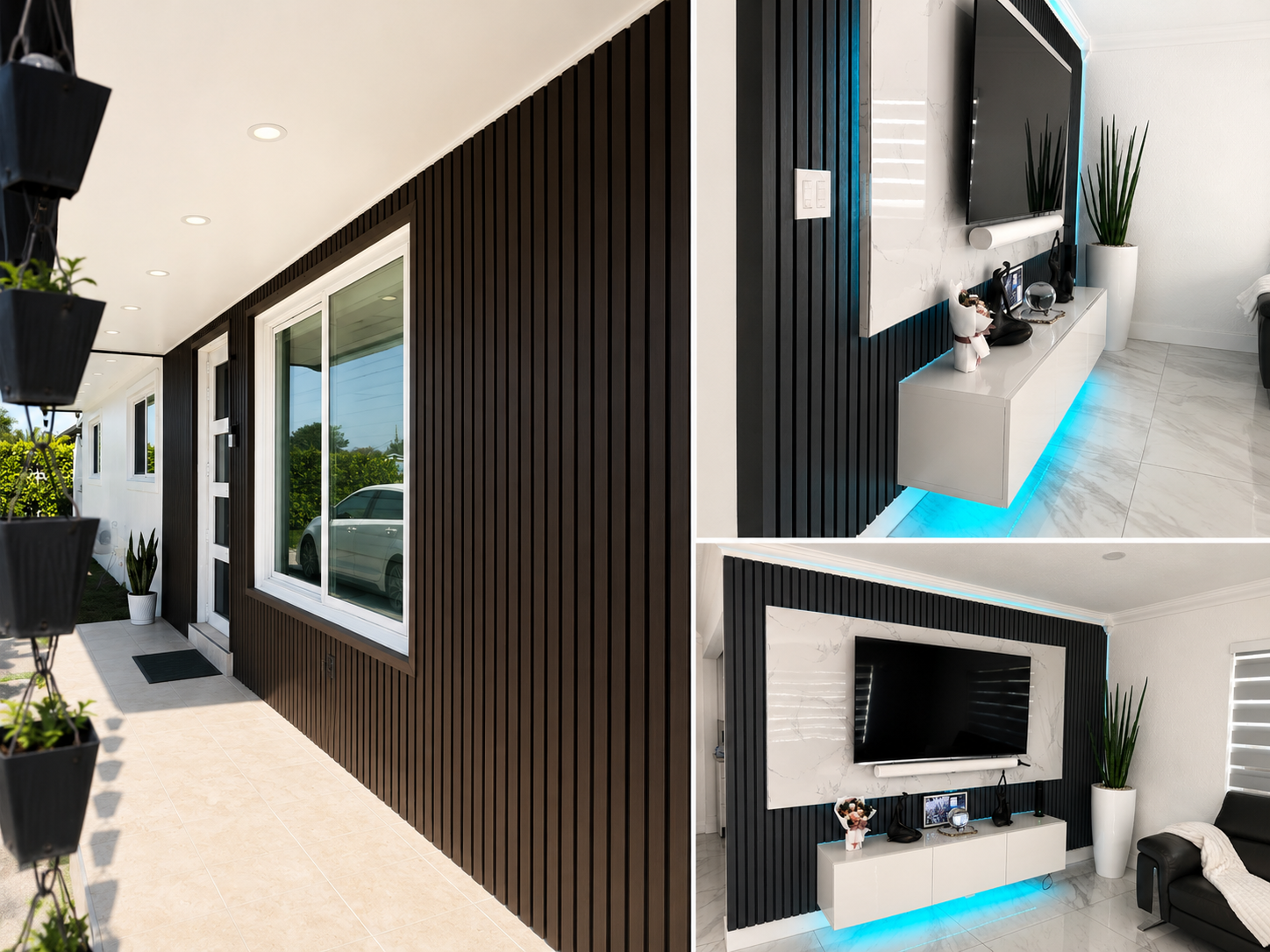 Collage of modern house exterior and interior. Exterior shows black vertical siding with a glass door and window, beige tiled porch, and a white potted plant. Interior images feature a black wood paneled wall with a mounted TV, white minimalist console, decorative items, blue LED lighting, and a living room with a black and white color scheme, potted plant, and window with blinds.