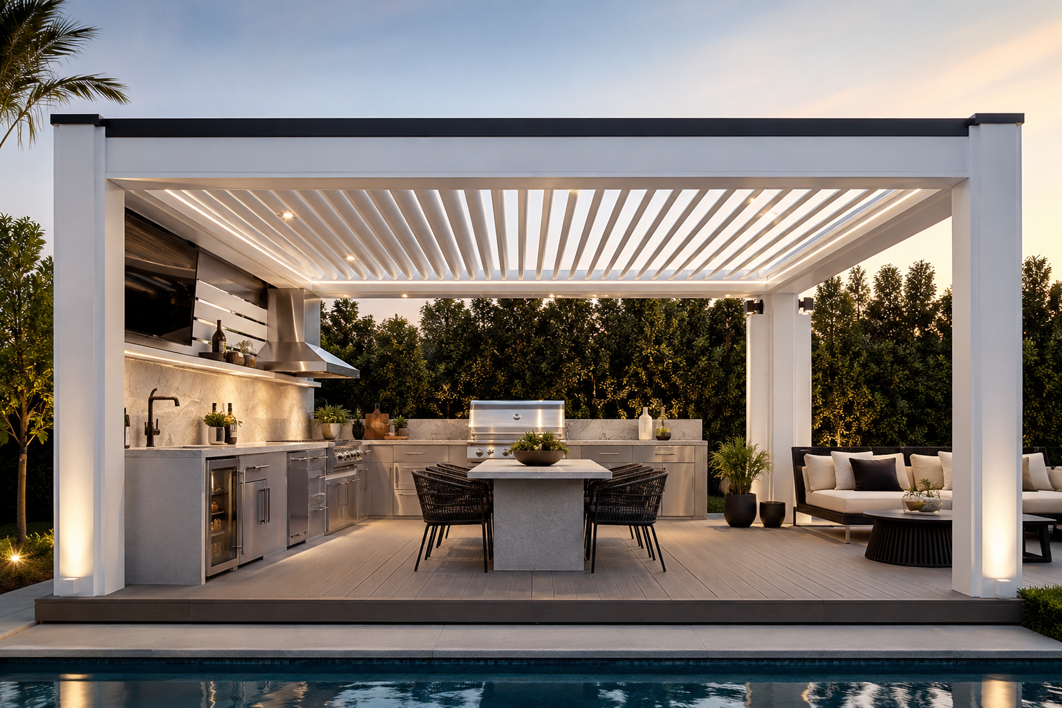 An outdoor modern kitchen and lounge area with a pergola, overlooking a pool, featuring a dining table, outdoor kitchen with appliances, and a seating area with white cushioned chairs and black pillows, surrounded by greenery.