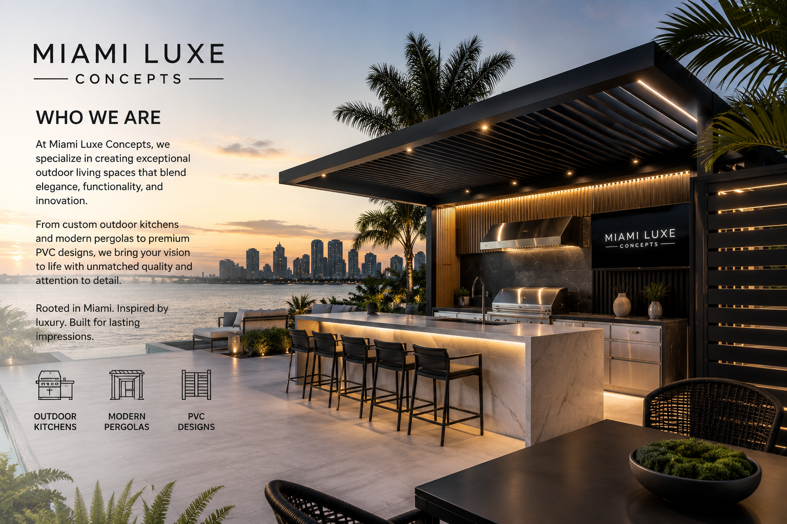 Outdoor kitchen with marble island and black bar stools, overlooking a city skyline at sunset, with palm trees and seating area.