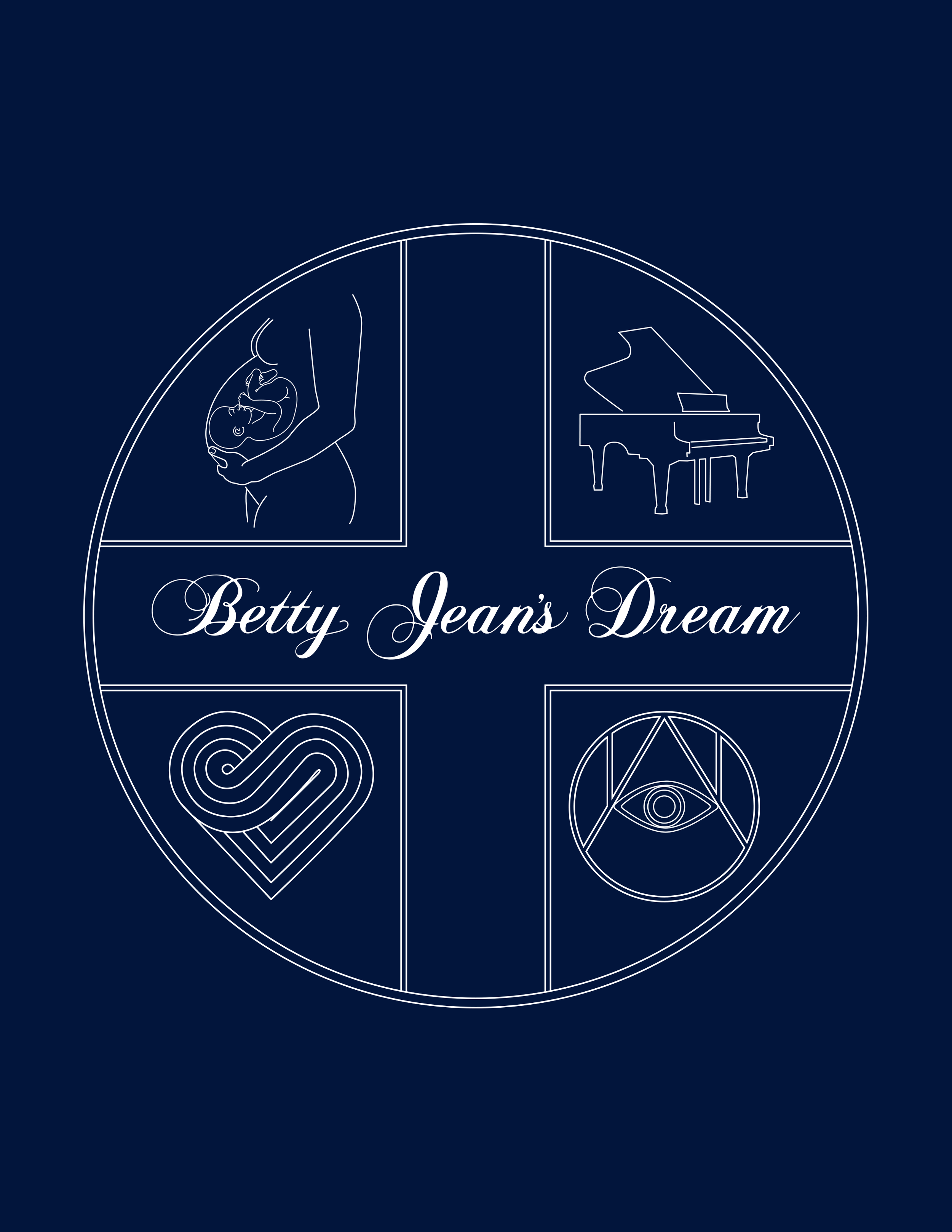 A dark blue graphic featuring four quadrants with white outline illustrations: a pregnant woman holding a baby, a grand piano, a stylized heart with spiral lines, and an eye within a geometric shape. The text "Betty Jean's Dream" is written in cursive across the center.