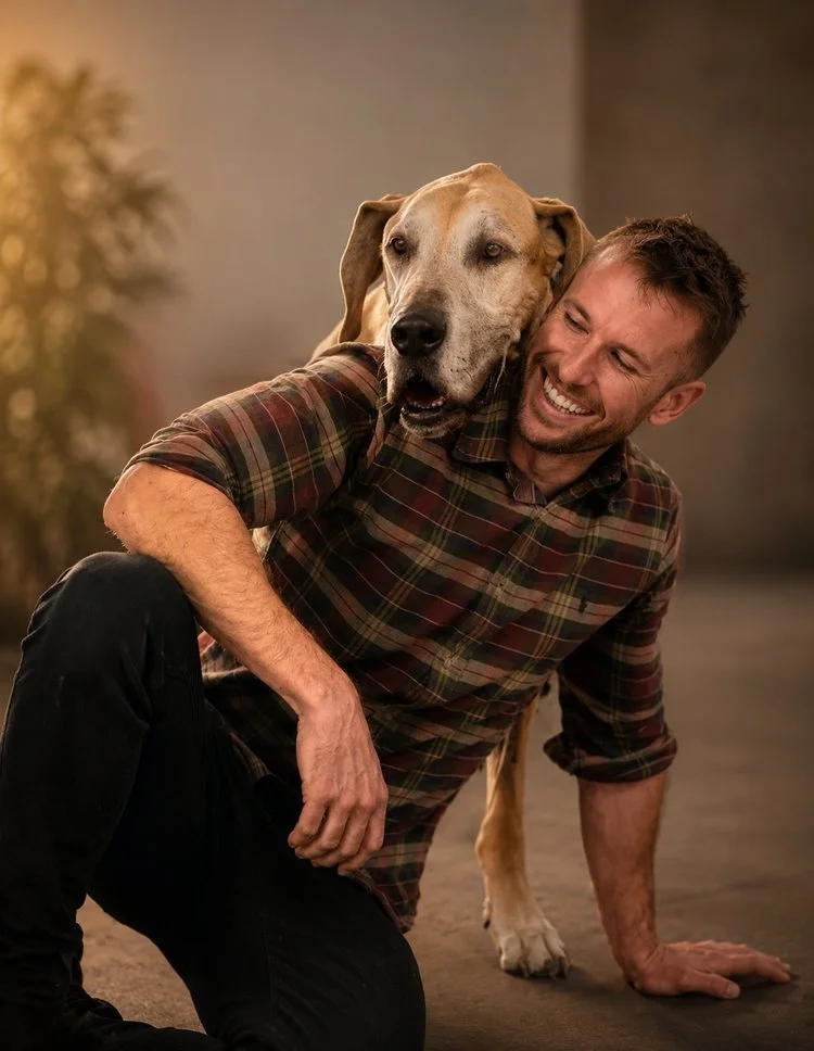 A man with short brown hair is smiling and kneeling on the ground, with a large dog with a light brown and white coat resting its head on his shoulder.