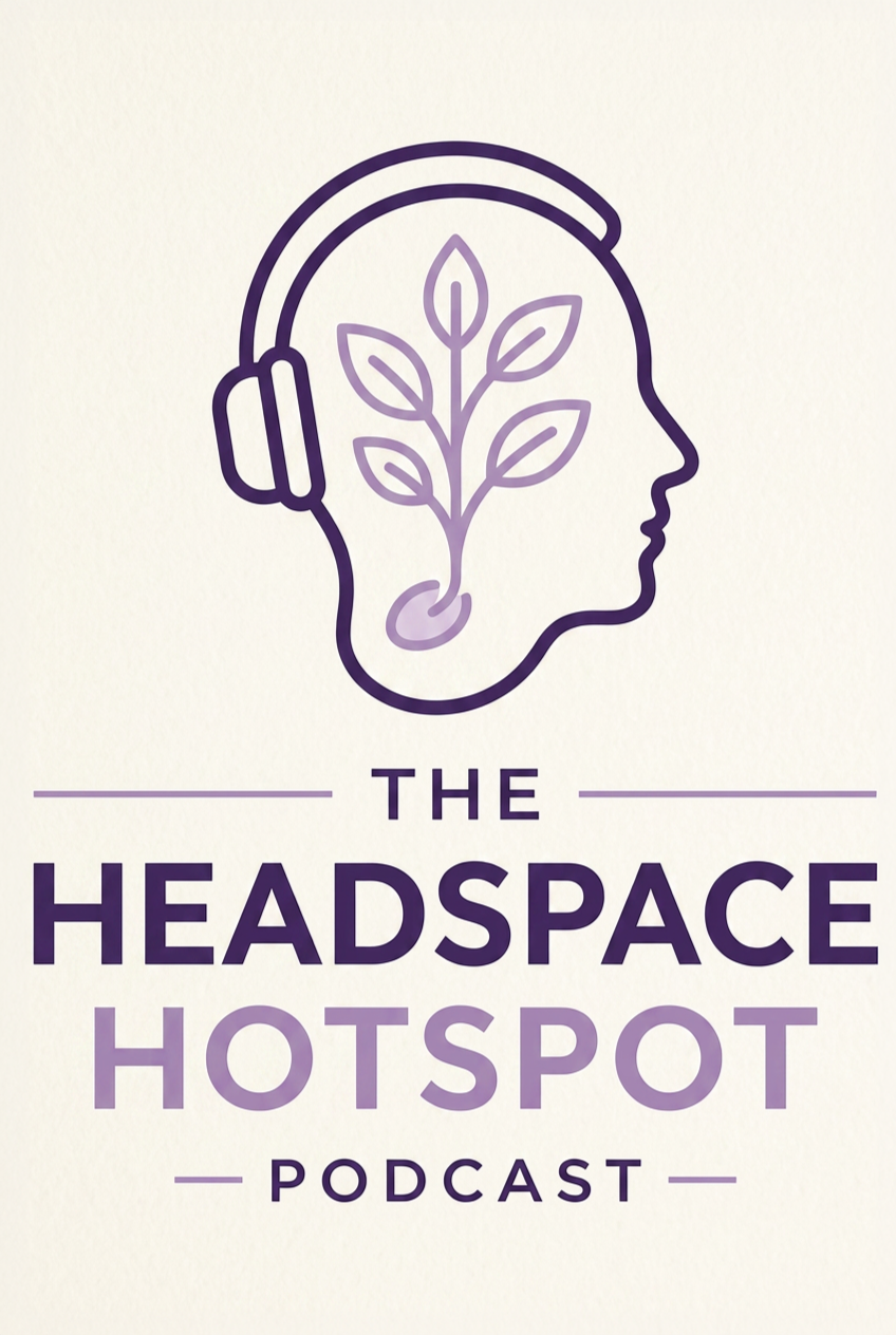 Logo for the Headspace Hotspot Podcast featuring a human head outline with leaves inside and a headphone outline around the head.