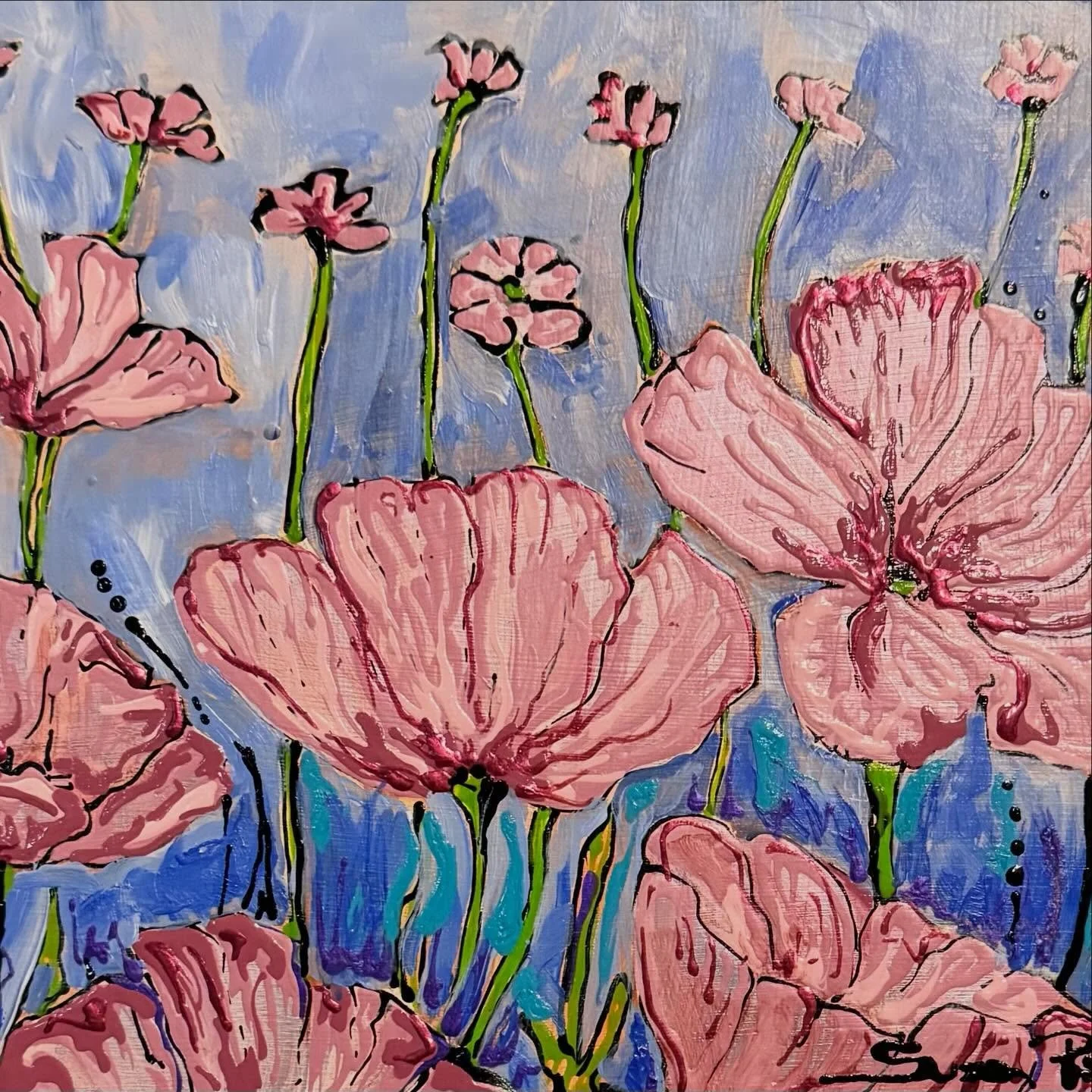 A colorful painting of pink flowers with green stems on a blue background, abstract style.