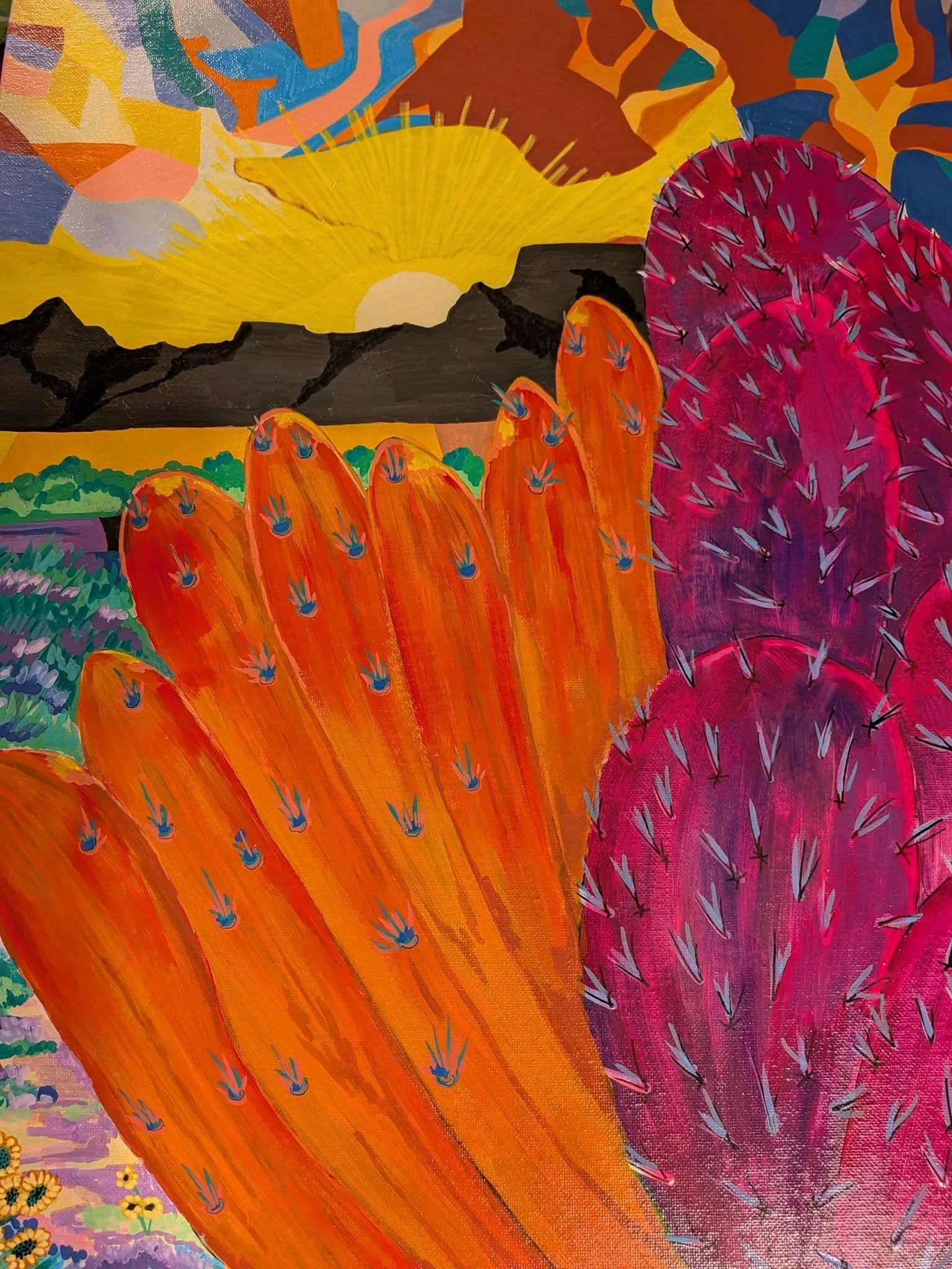 A colorful painting of a sunset over mountains, with large, vibrant cacti in the foreground and flowers in the bottom left corner.